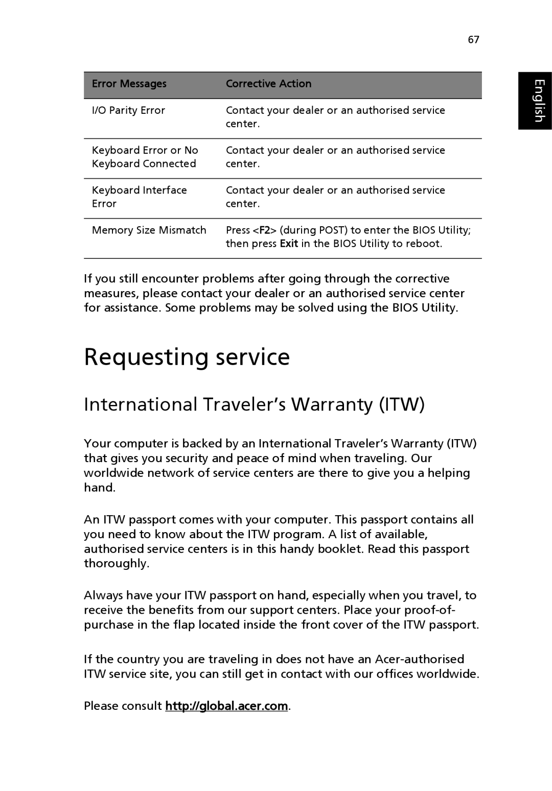 Acer Aspire 1690 manual Requesting service, International Traveler’s Warranty ITW 