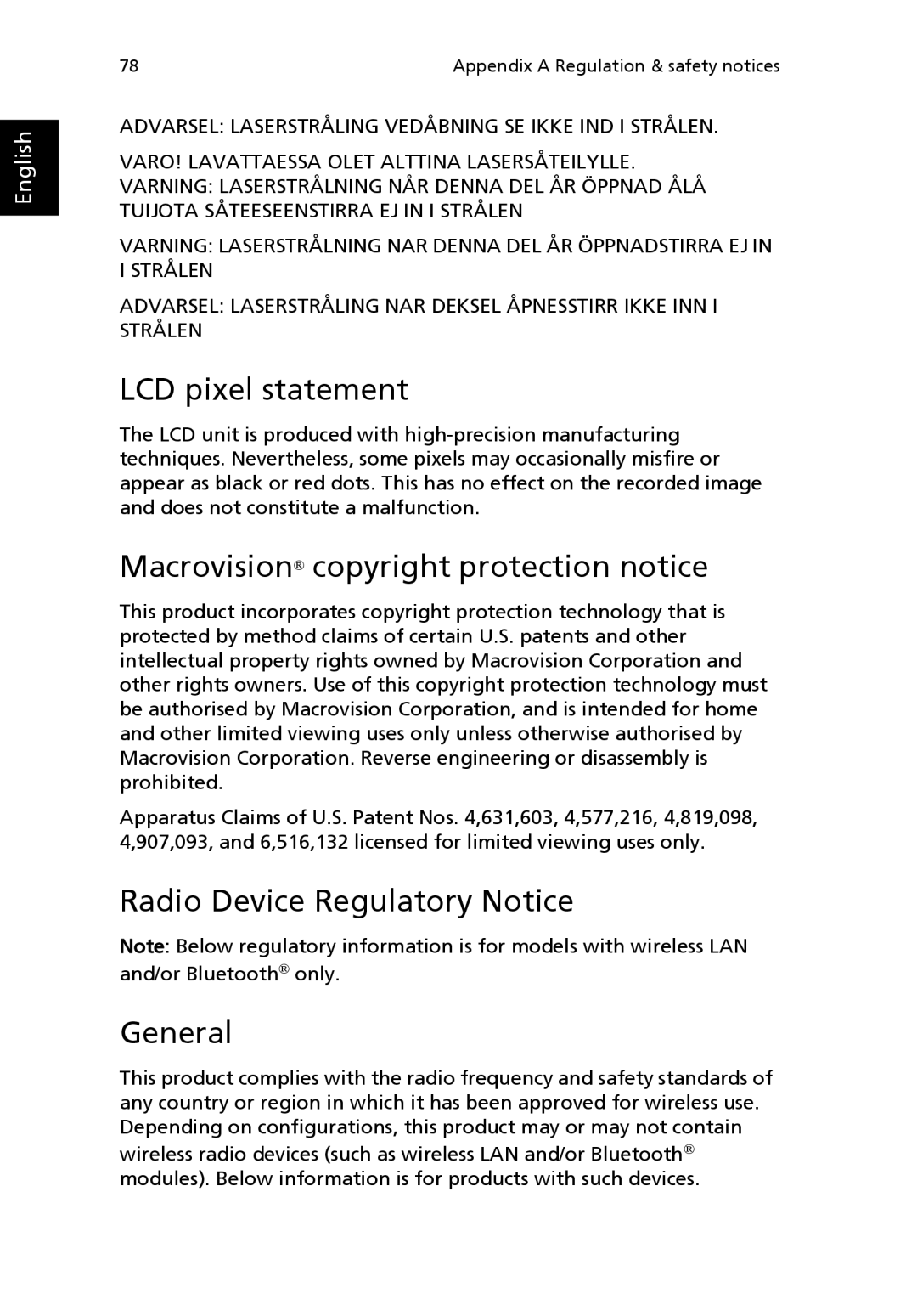 Acer Aspire 1690 LCD pixel statement, Macrovision copyright protection notice, Radio Device Regulatory Notice General 