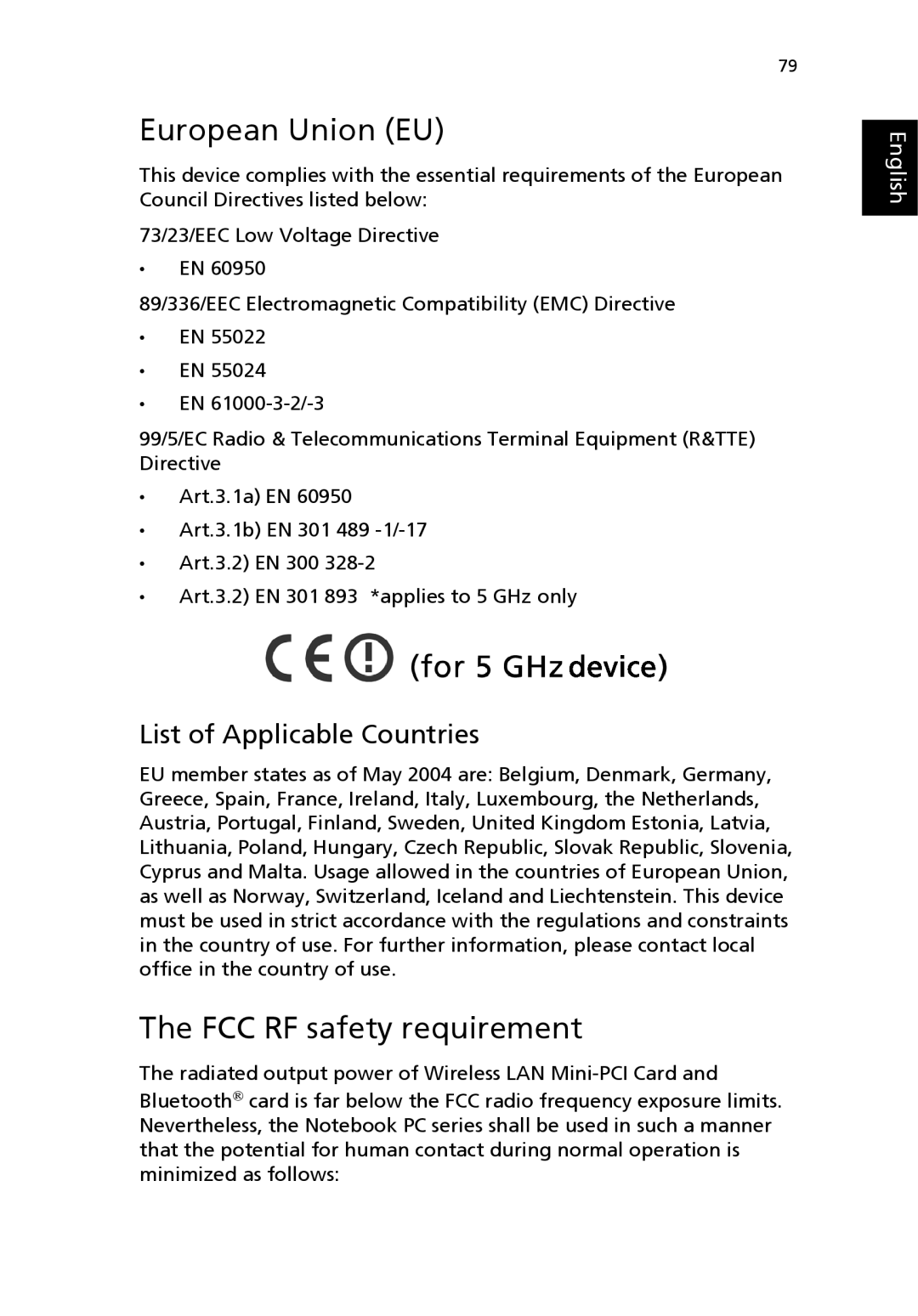 Acer Aspire 1690 manual European Union EU, FCC RF safety requirement 