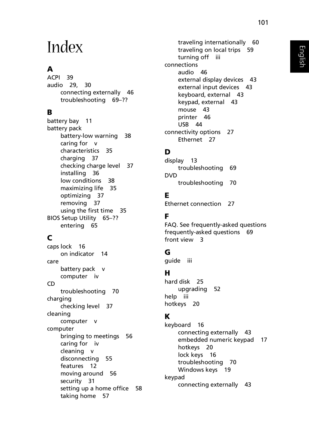 Acer Aspire 2000 manual Index 