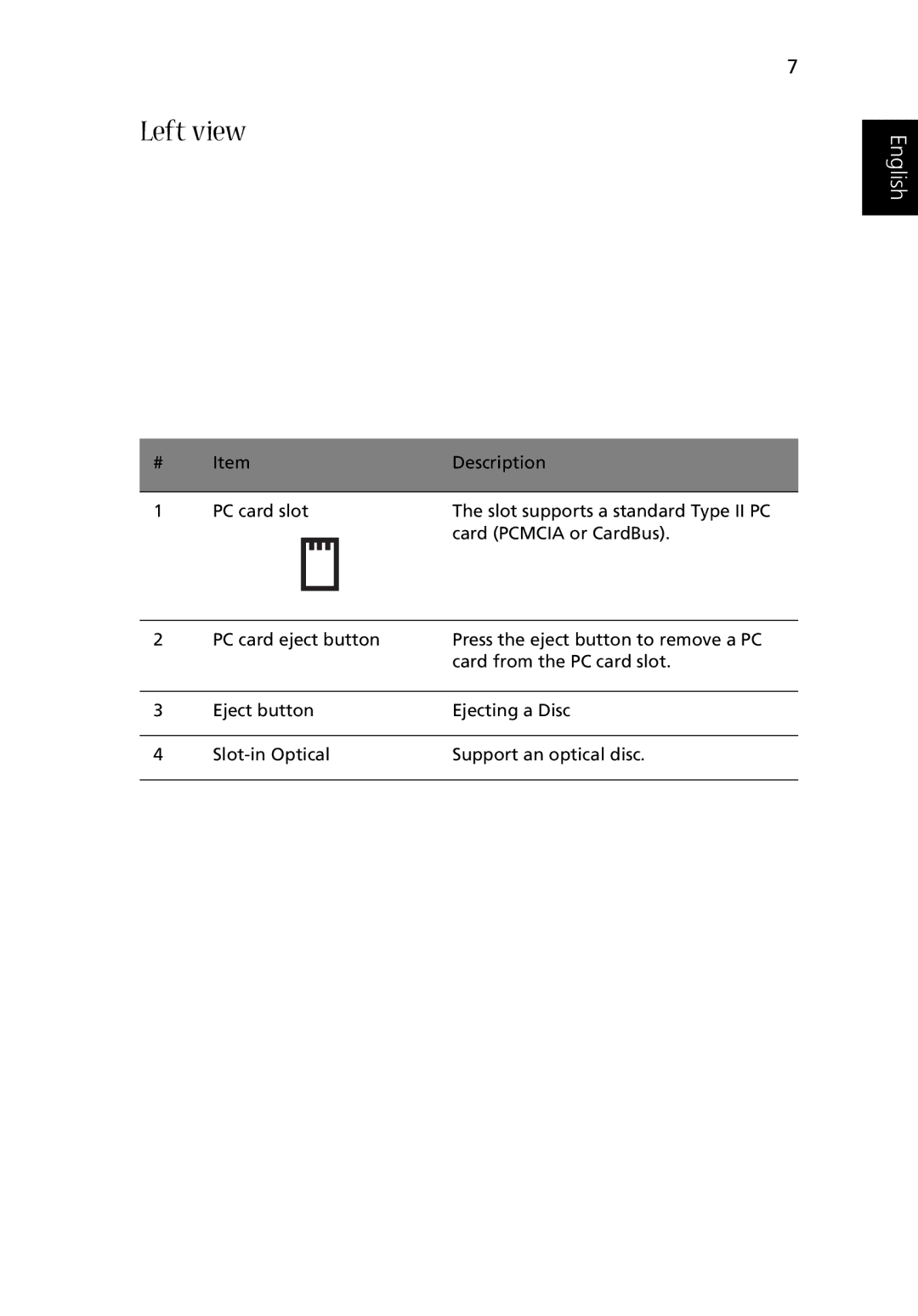 Acer Aspire 2000 manual Left view 