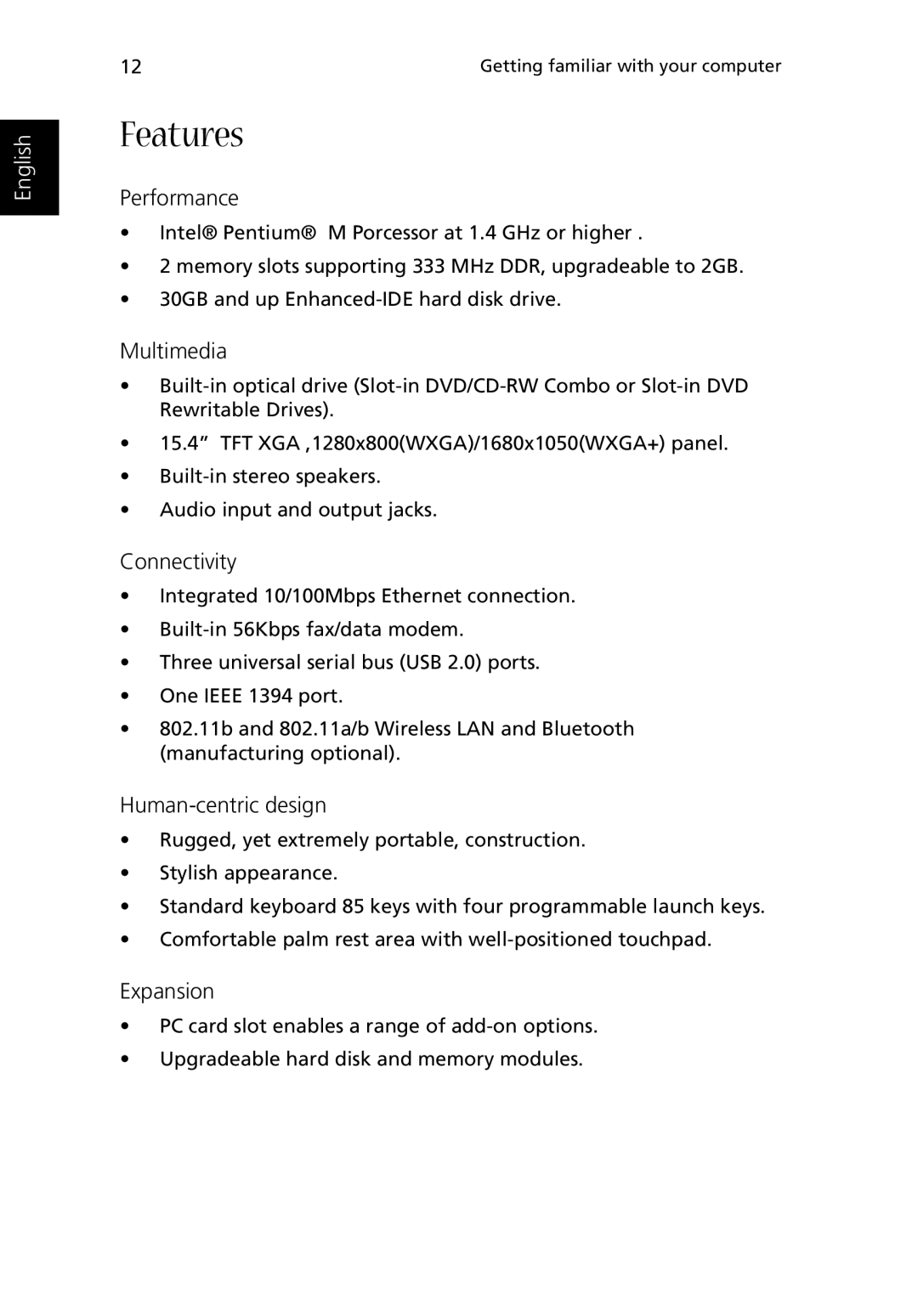 Acer Aspire 2000 manual Features, Performance 