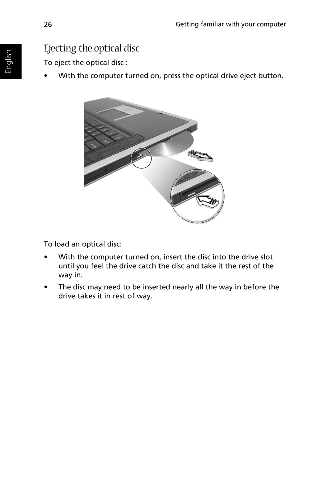 Acer Aspire 2000 manual Ejecting the optical disc 