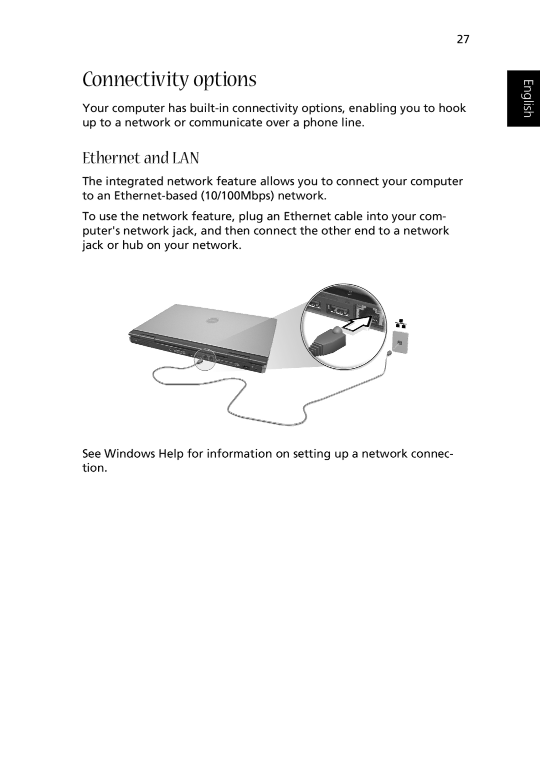 Acer Aspire 2000 manual Connectivity options, Ethernet and LAN 