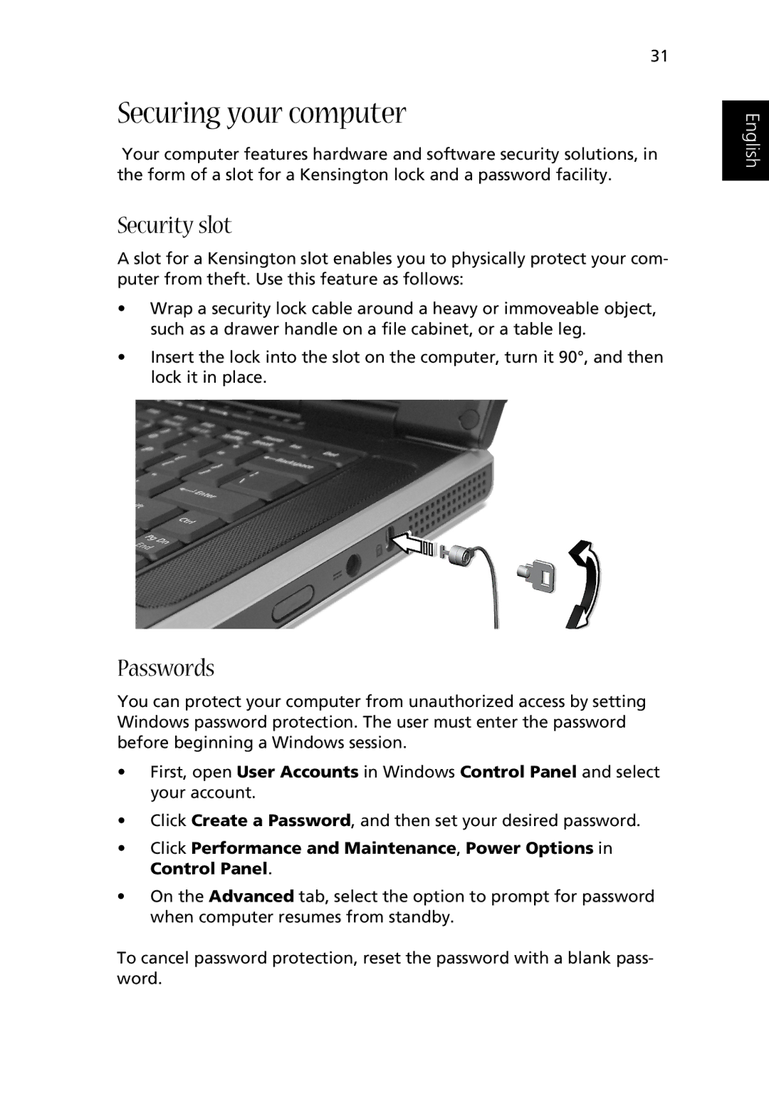 Acer Aspire 2000 manual Securing your computer, Security slot, Passwords 