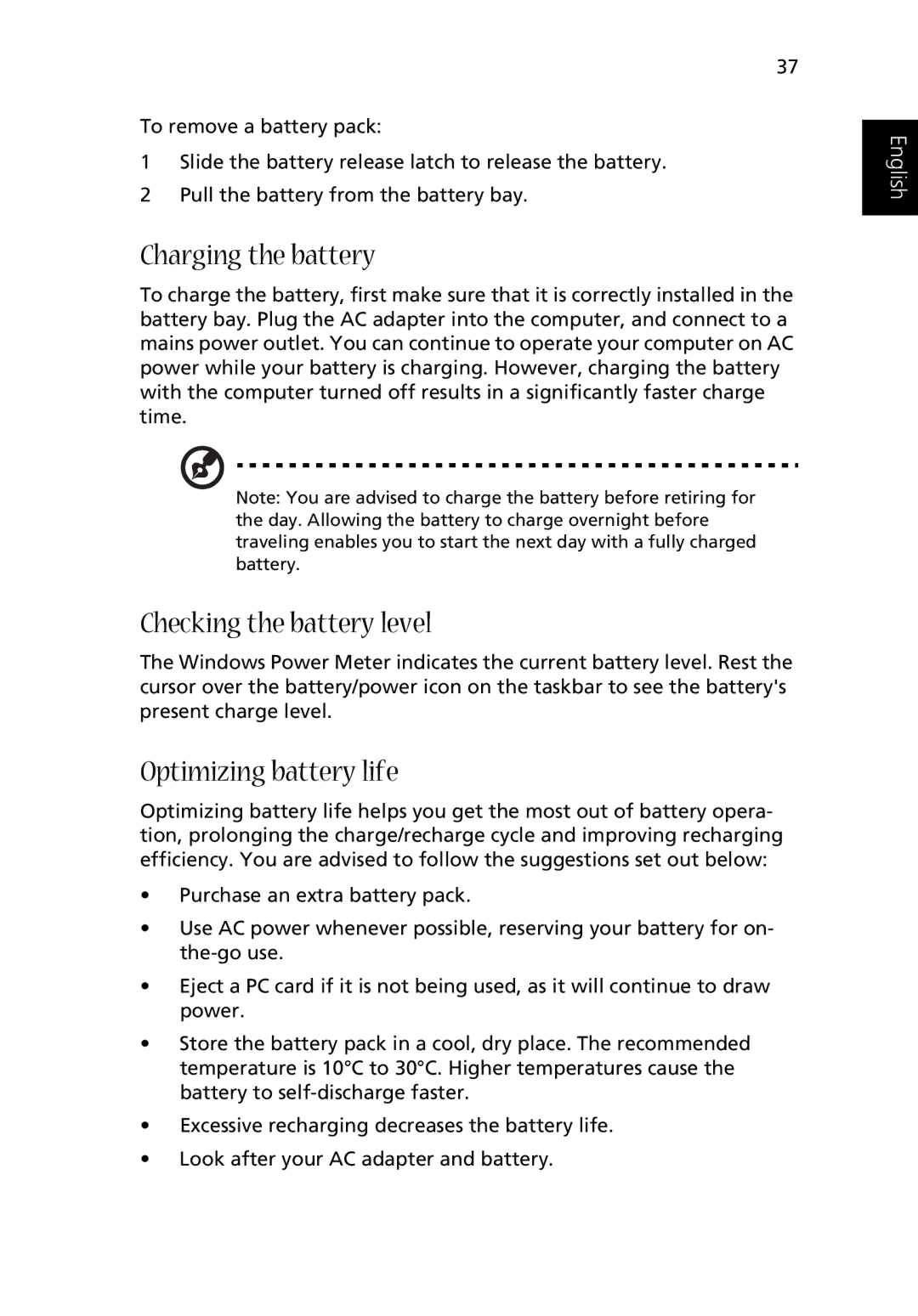 Acer Aspire 2000 manual Charging the battery, Checking the battery level, Optimizing battery life 