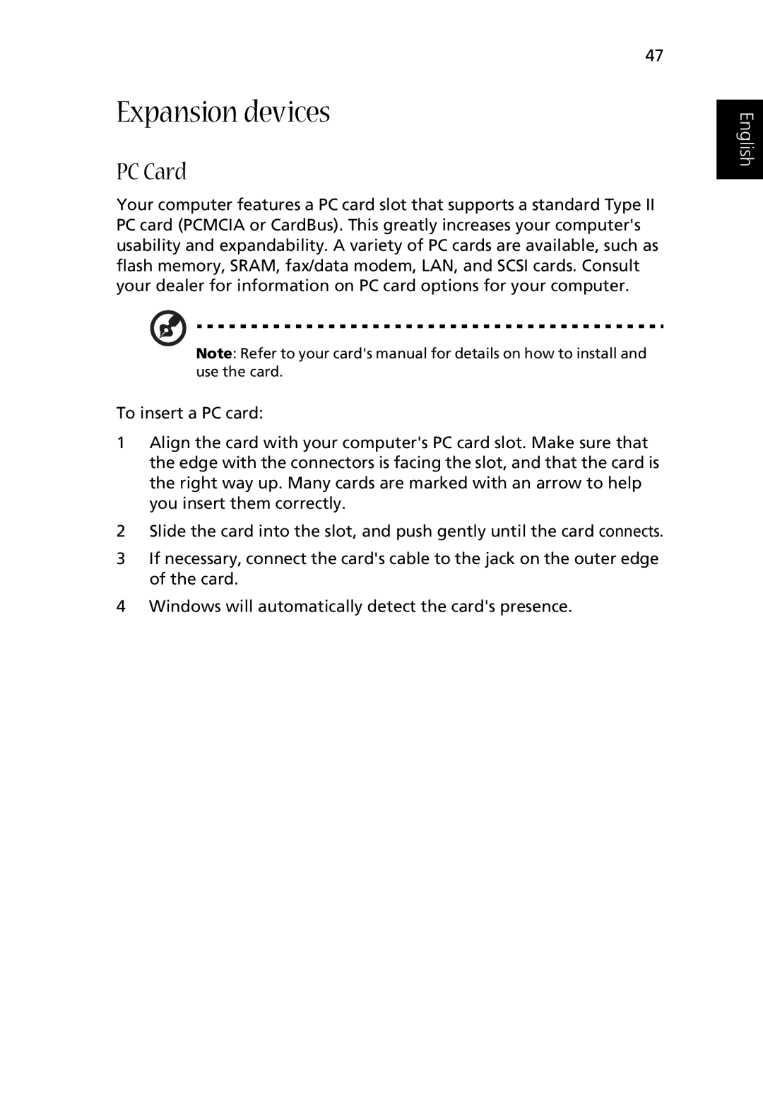 Acer Aspire 2000 manual Expansion devices, PC Card 