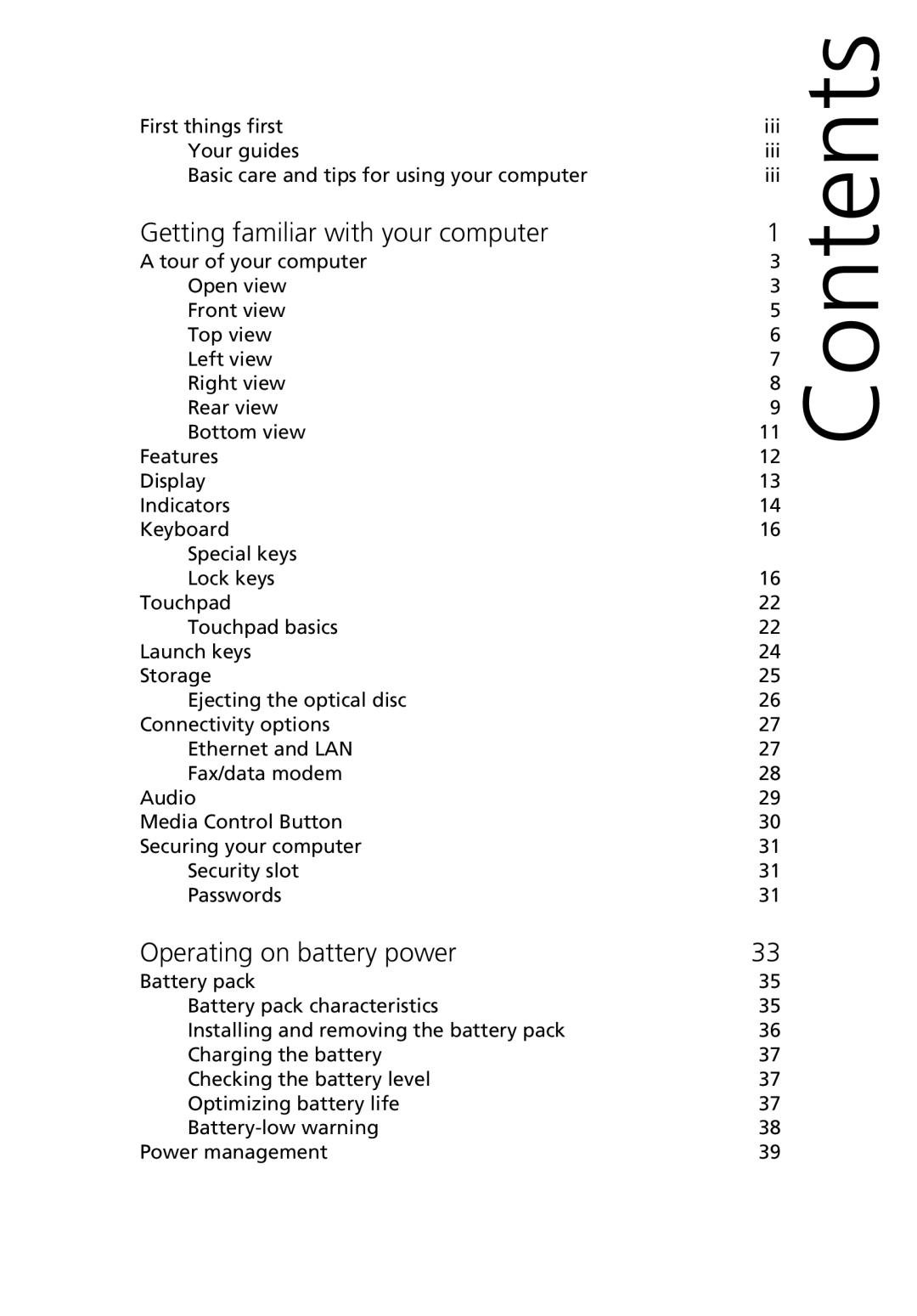 Acer Aspire 2000 manual Contents 