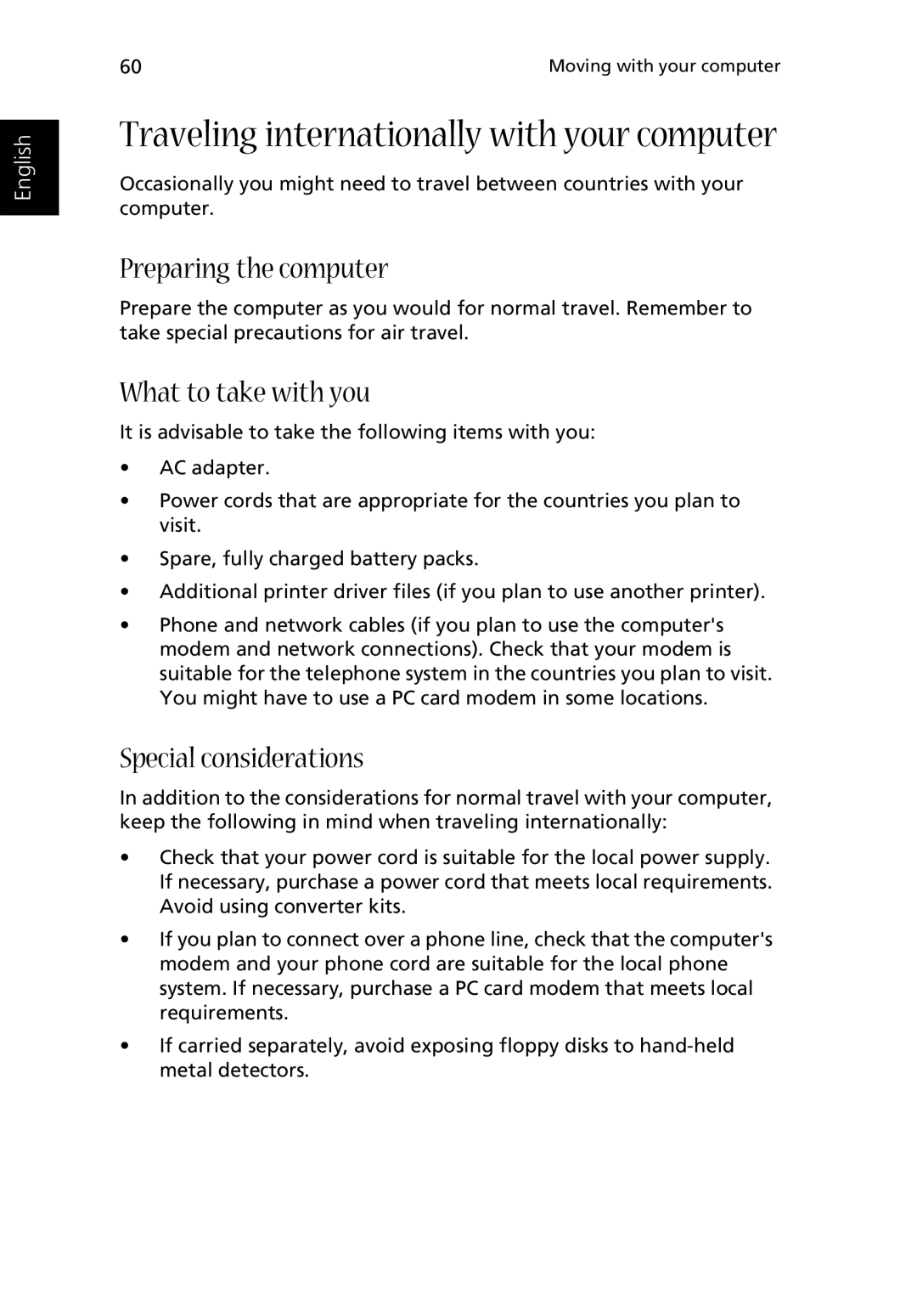 Acer Aspire 2000 manual Traveling internationally with your computer 