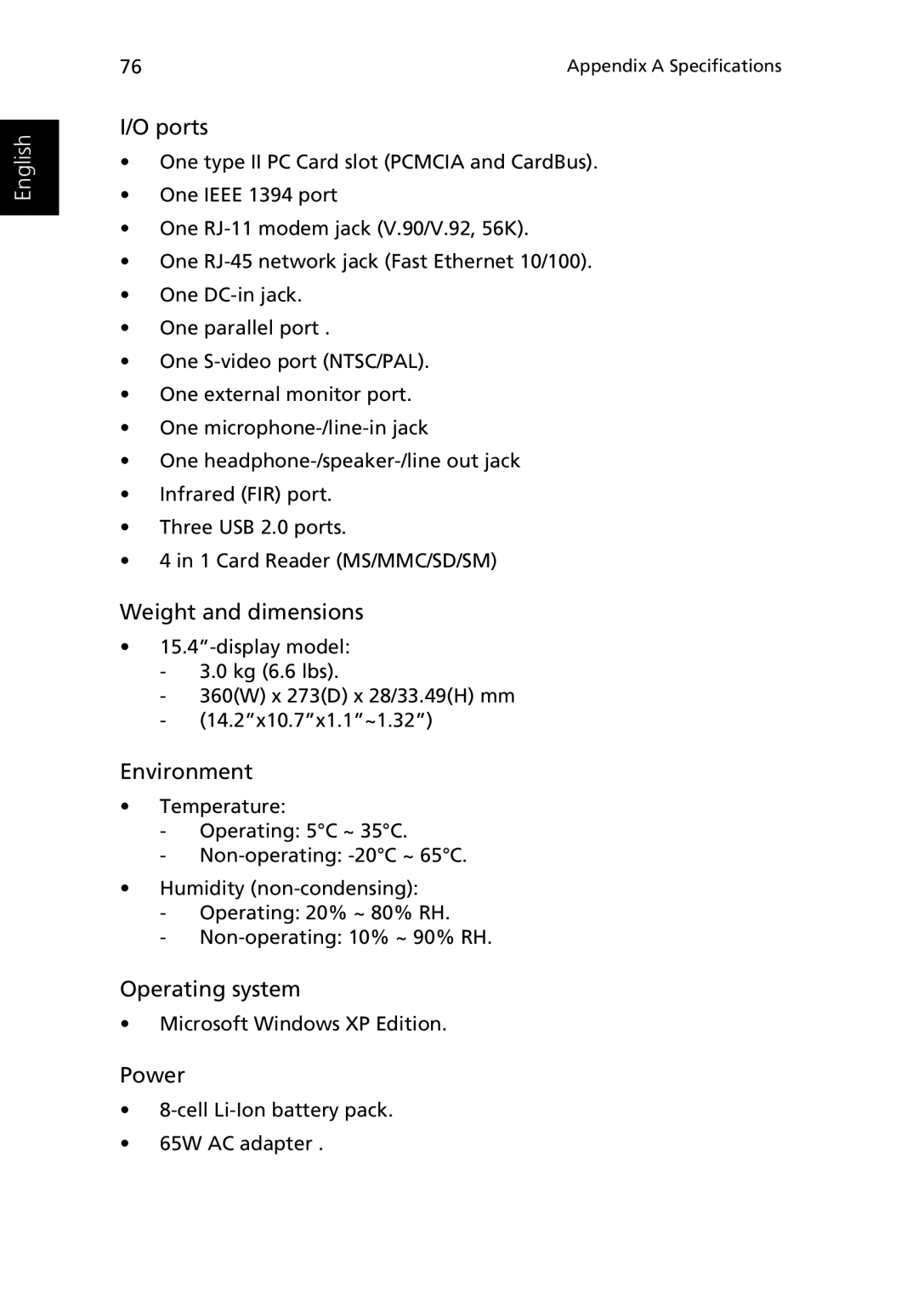 Acer Aspire 2000 manual Weight and dimensions 