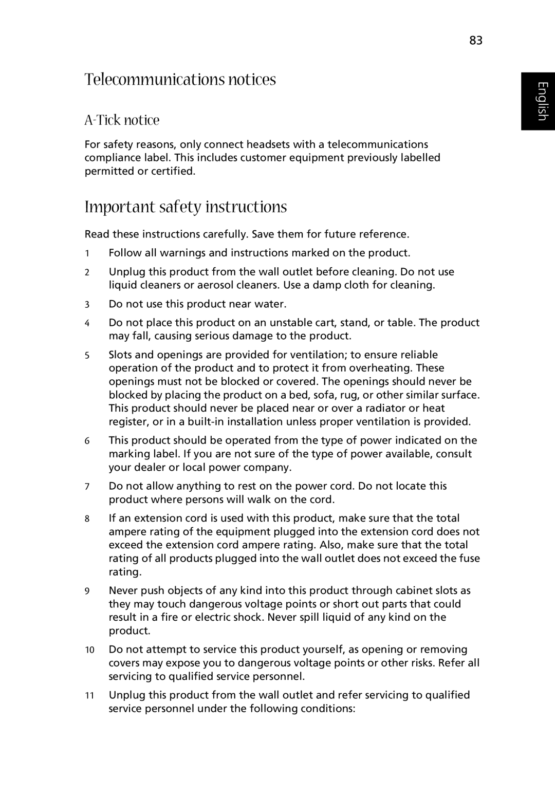 Acer Aspire 2000 manual Telecommunications notices, Important safety instructions 