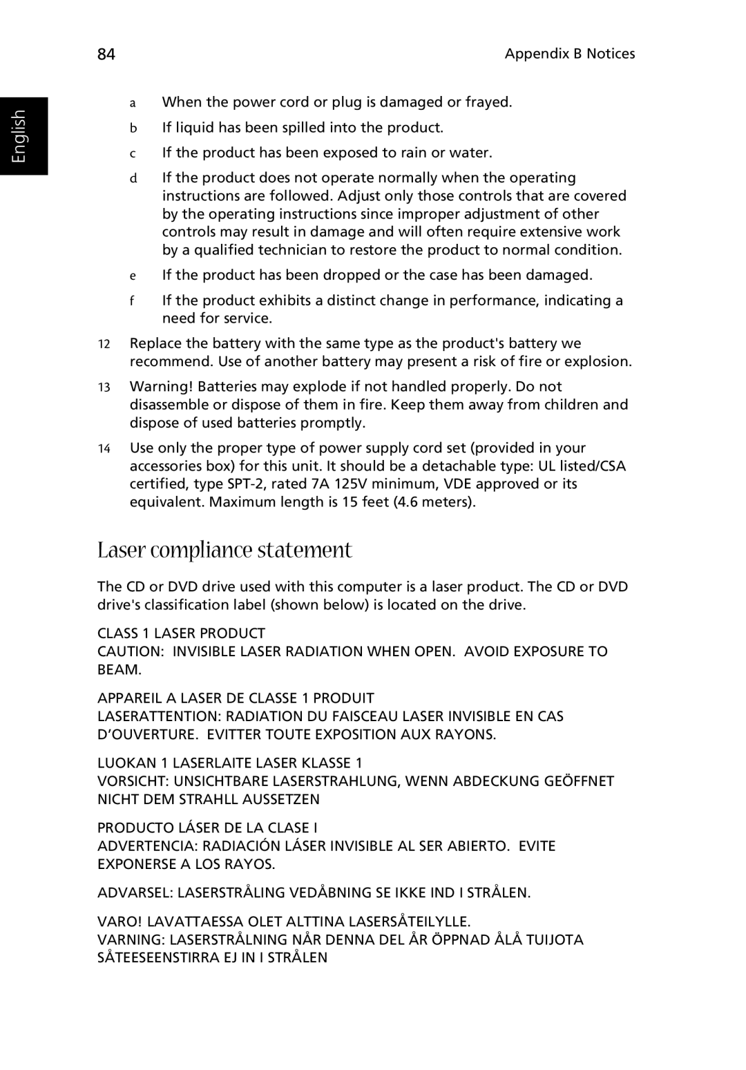 Acer Aspire 2000 manual Laser compliance statement 