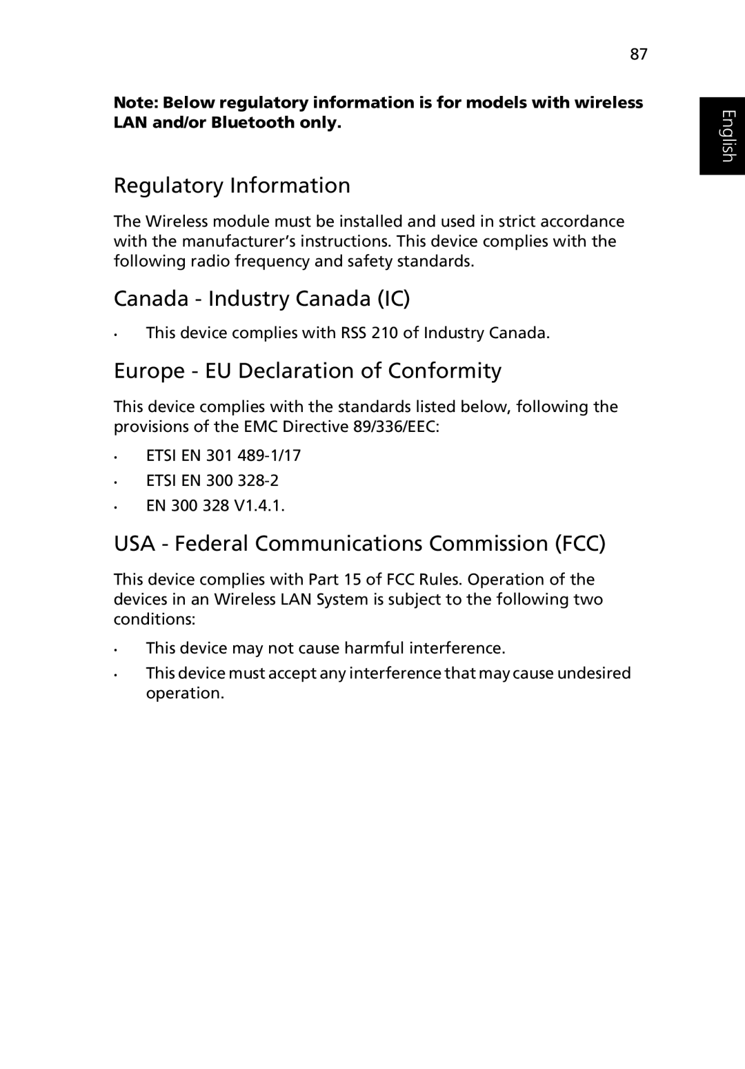 Acer Aspire 2000 manual Regulatory Information, Canada Industry Canada IC, Europe EU Declaration of Conformity 