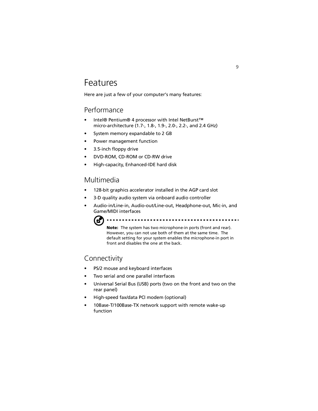 Acer Aspire 3300S manual Features, Performance, Multimedia, Connectivity 