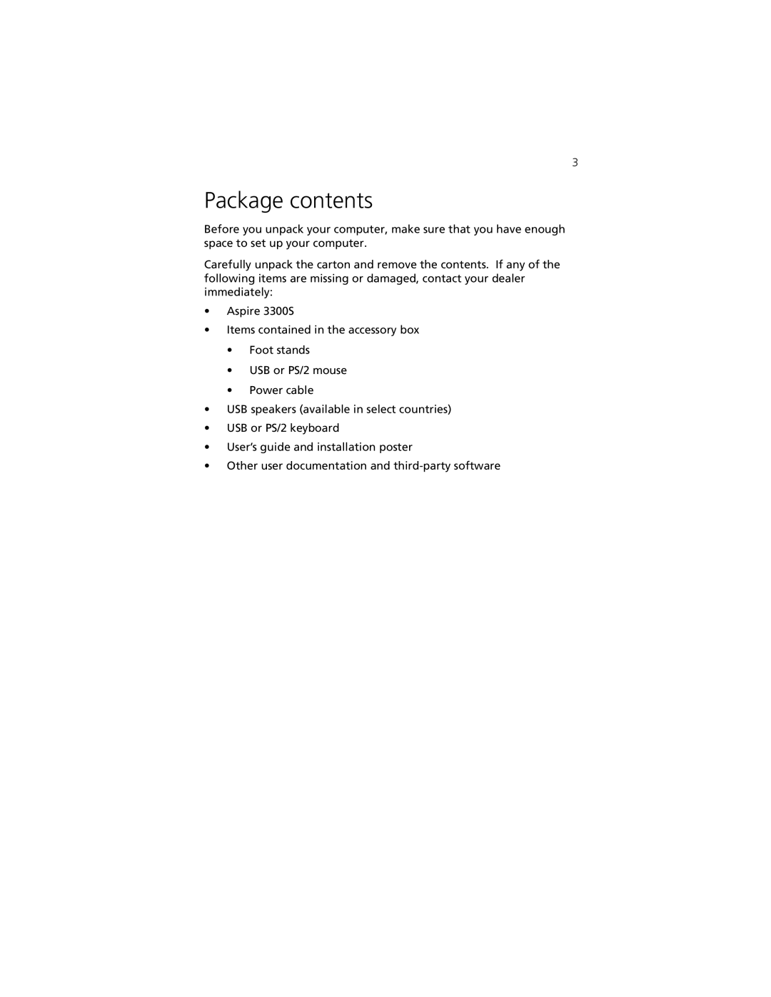 Acer Aspire 3300S manual Package contents 