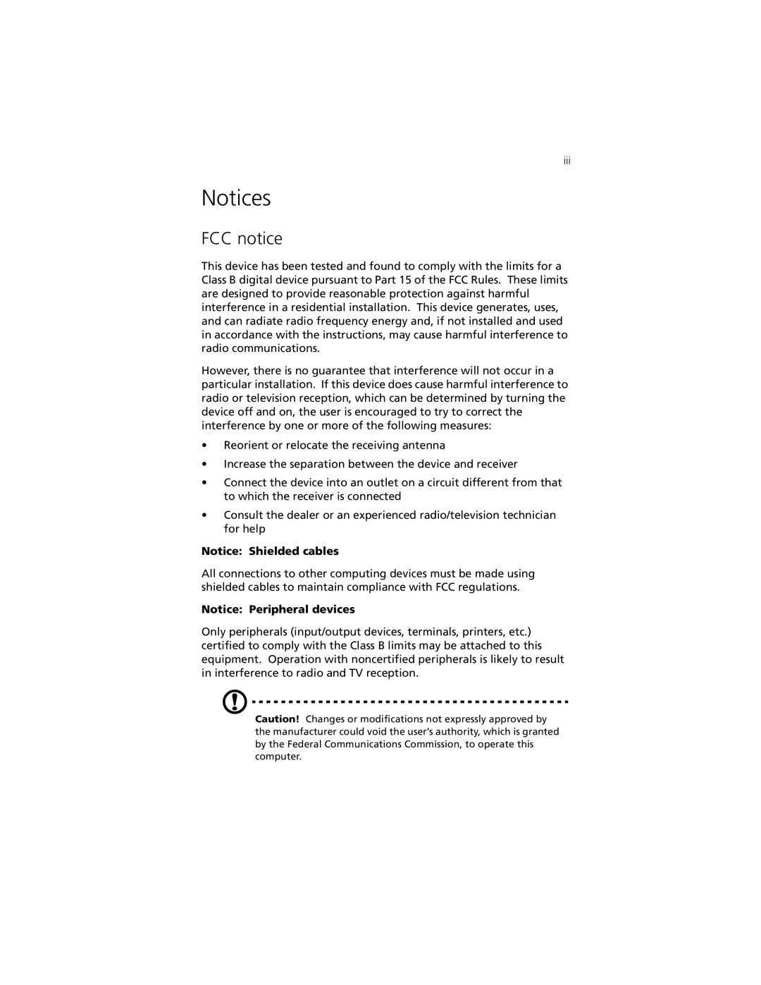 Acer Aspire 3300S manual Notices, FCC notice, Notice Shielded cables, Notice Peripheral devices 