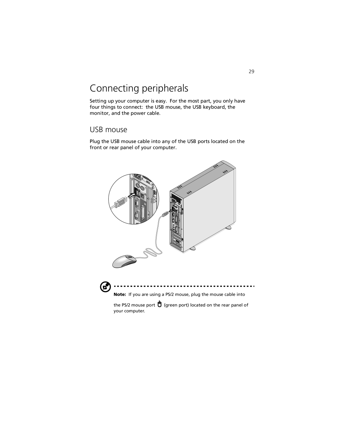Acer Aspire 3300S manual Connecting peripherals, USB mouse 