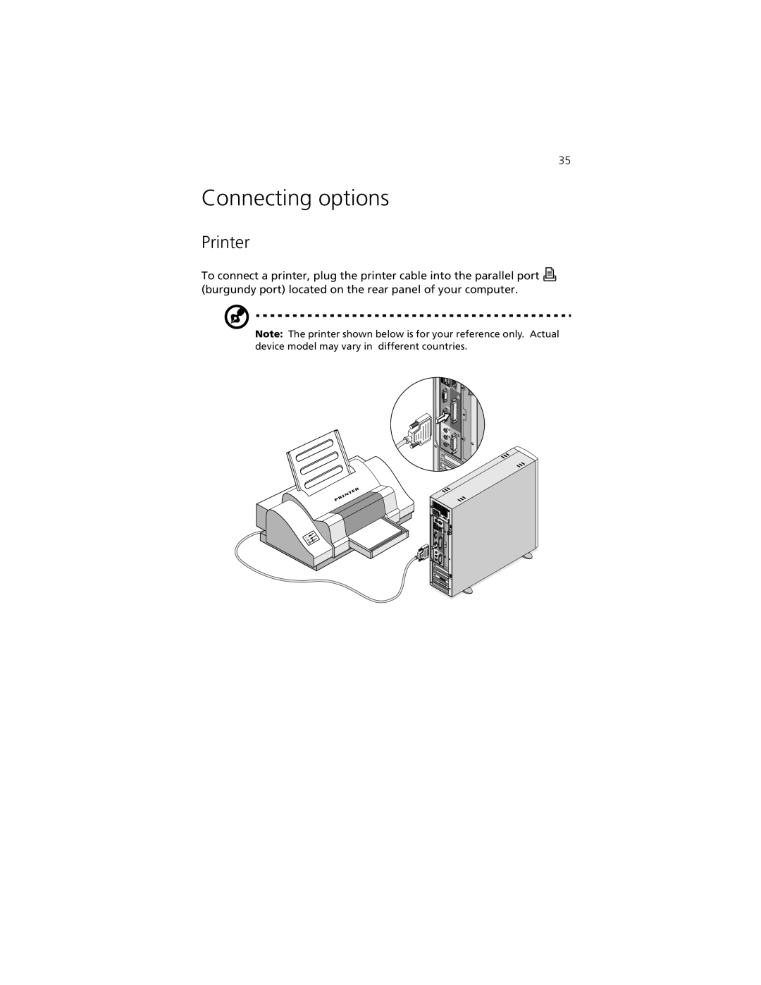 Acer Aspire 3300S manual Connecting options, Printer 