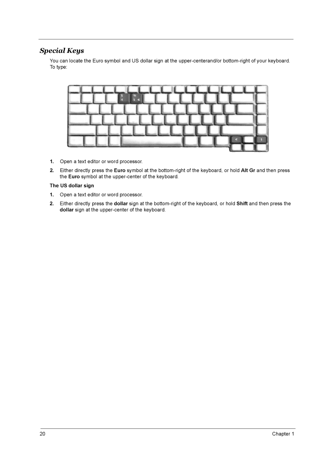 Acer Aspire 3510 manual Special Keys, US dollar sign 