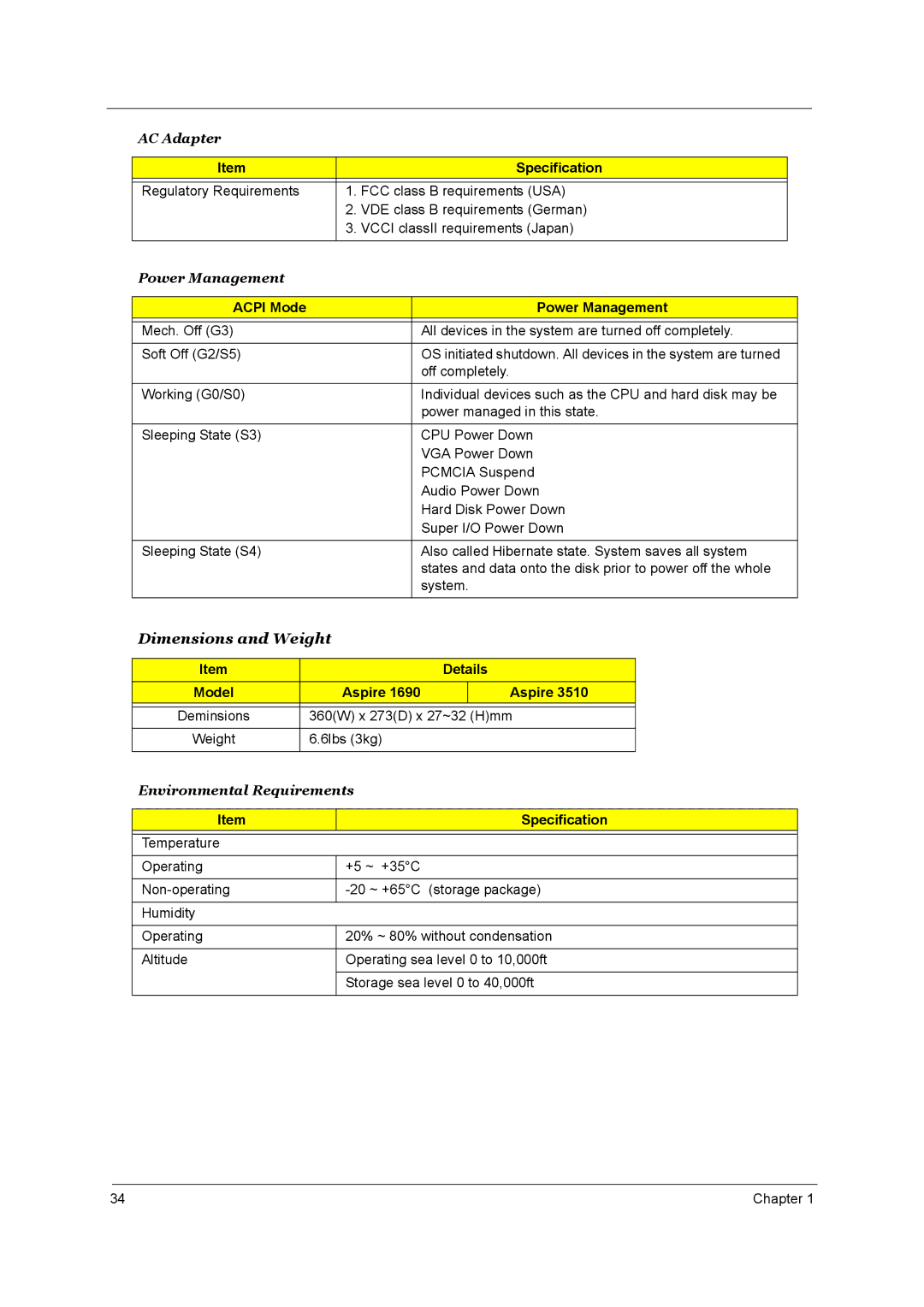 Acer Aspire 3510 manual Acpi Mode Power Management, Details, Model Aspire, 360W x 273D x 27~32 Hmm, 6lbs 3kg 