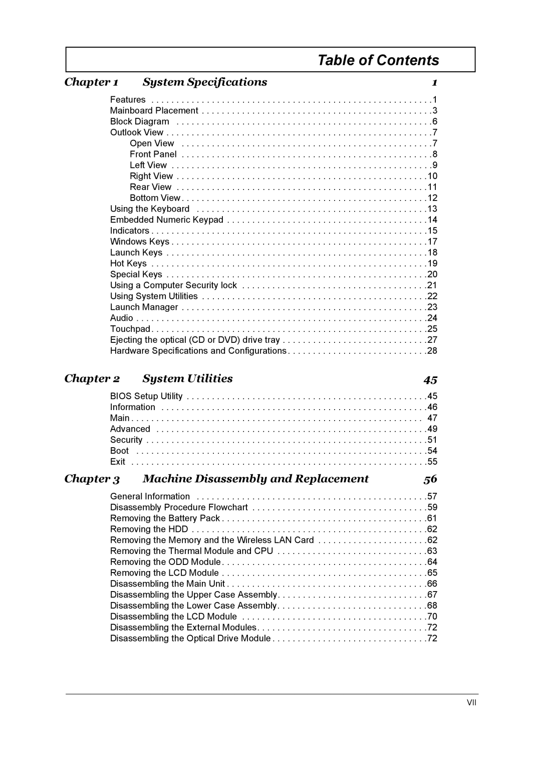 Acer Aspire 3510 manual Table of Contents 