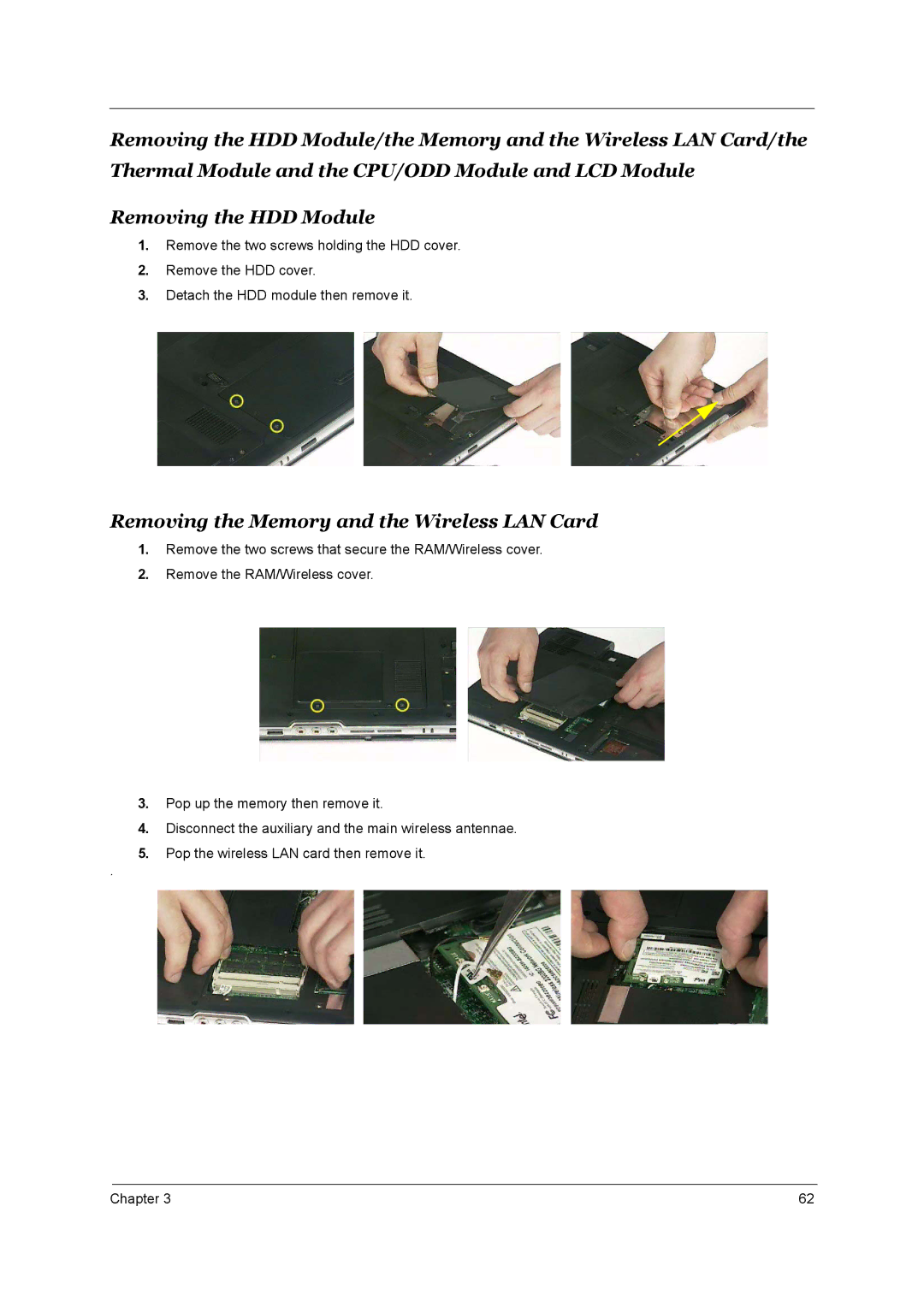 Acer Aspire 3510 manual Removing the Memory and the Wireless LAN Card 