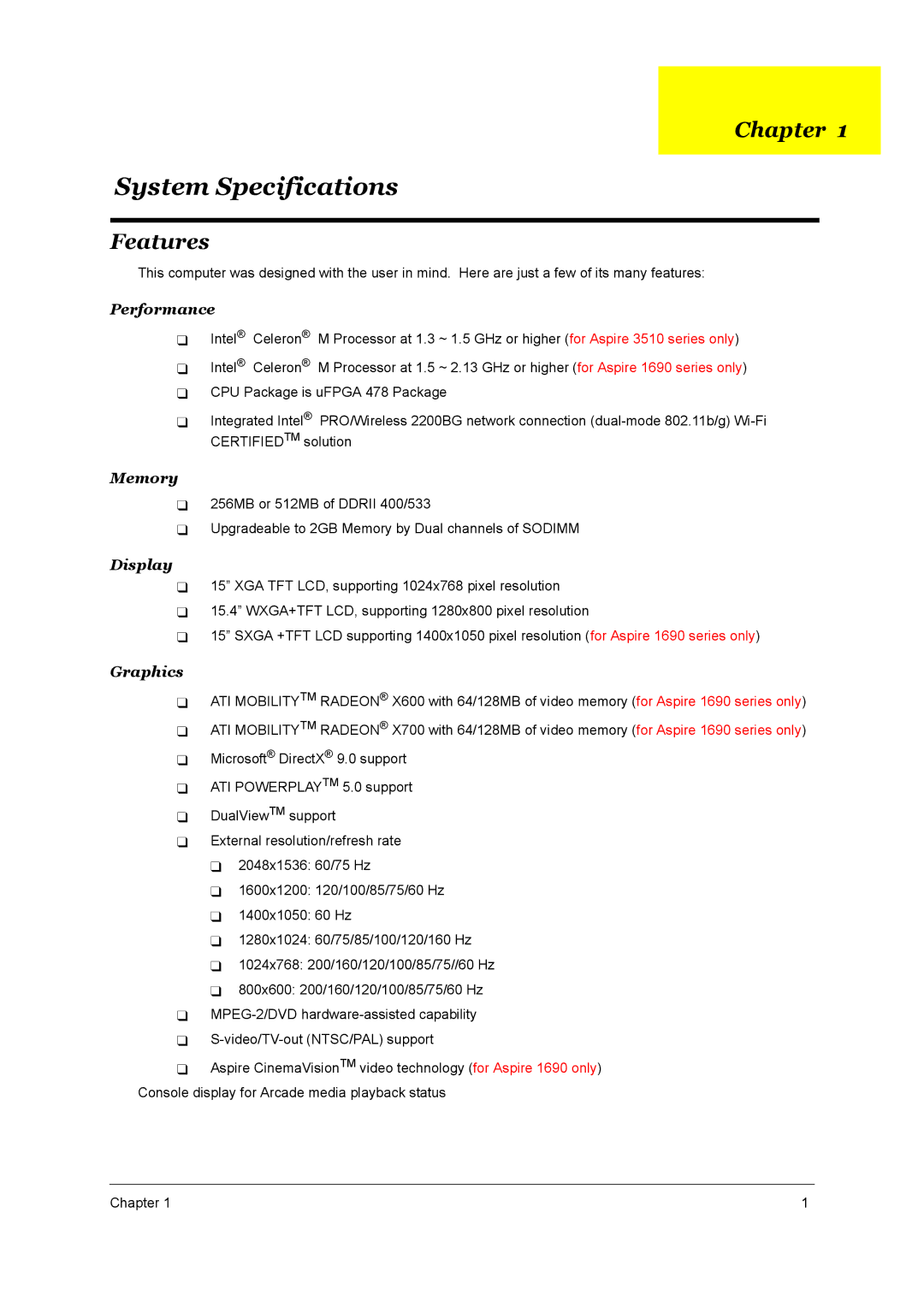 Acer Aspire 3510 manual Chapter, Features 