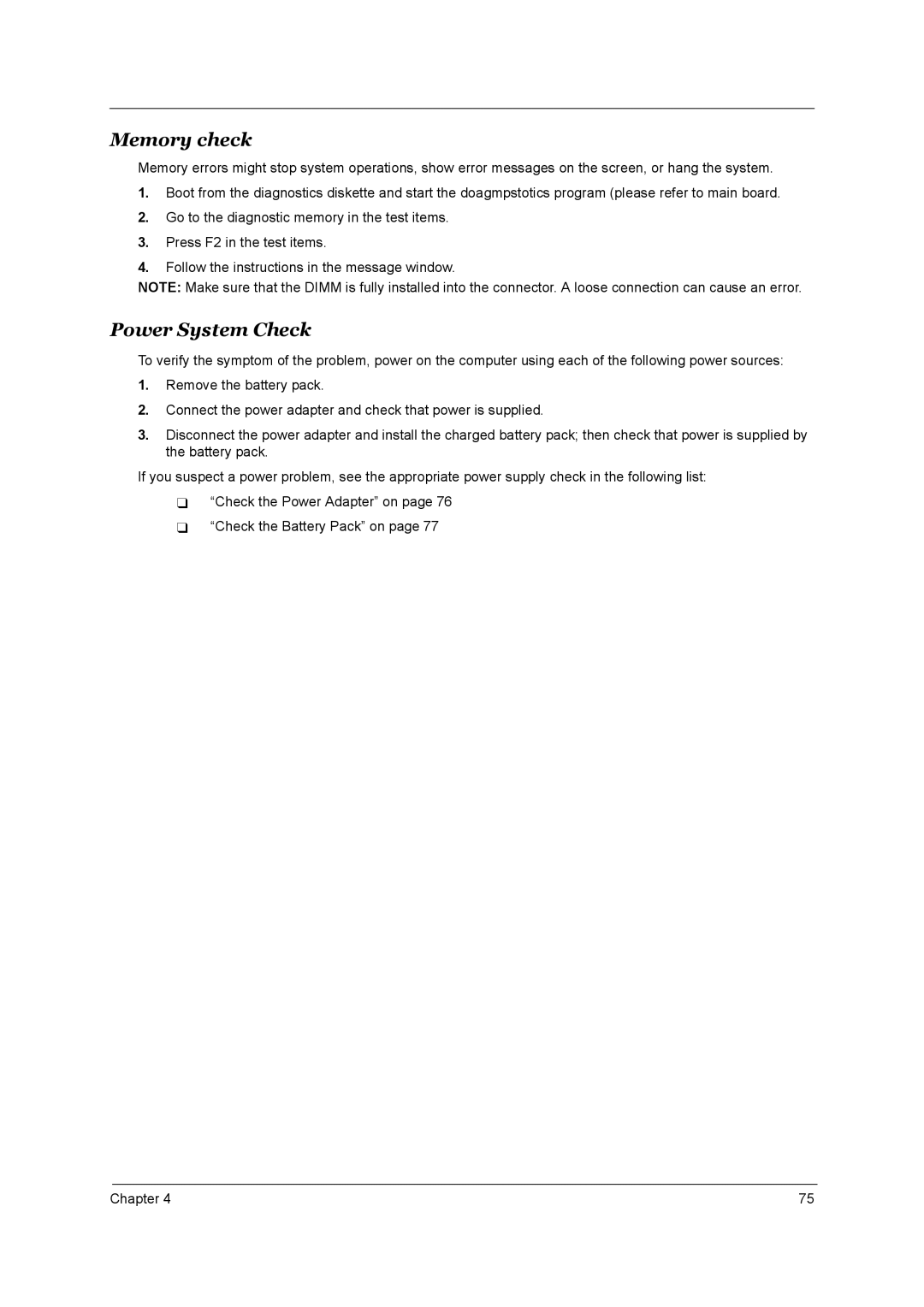 Acer Aspire 3510 manual Memory check, Power System Check 