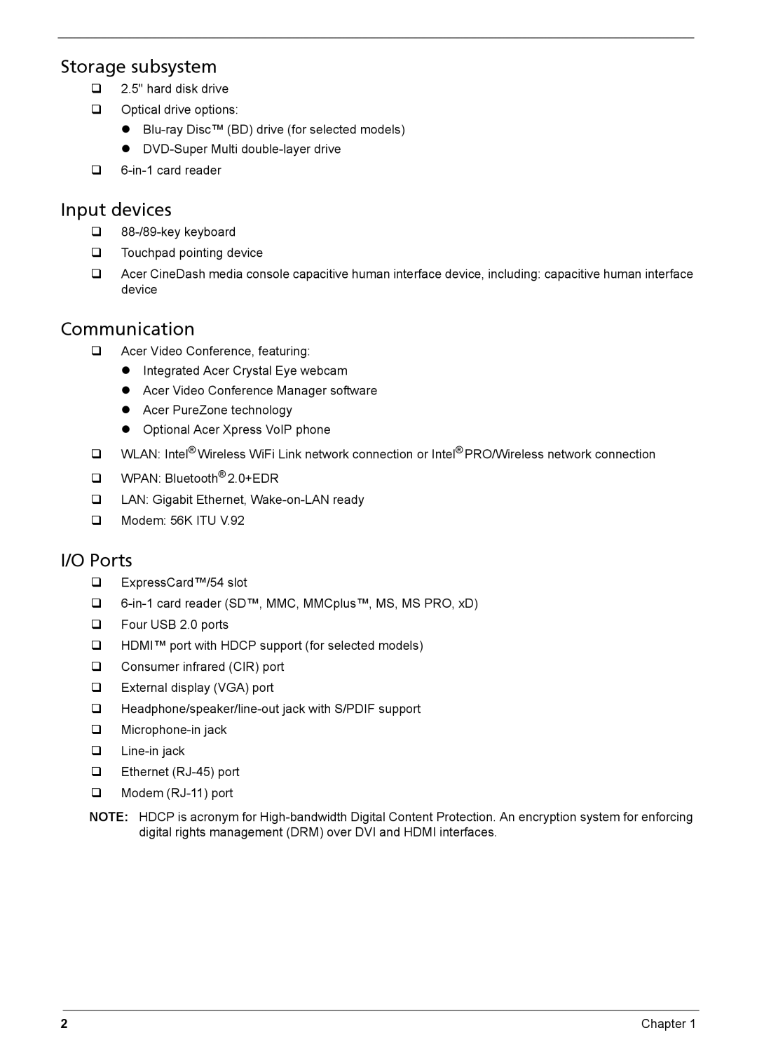 Acer Aspire 6935G manual Storage subsystem, Input devices, Communication, Ports 