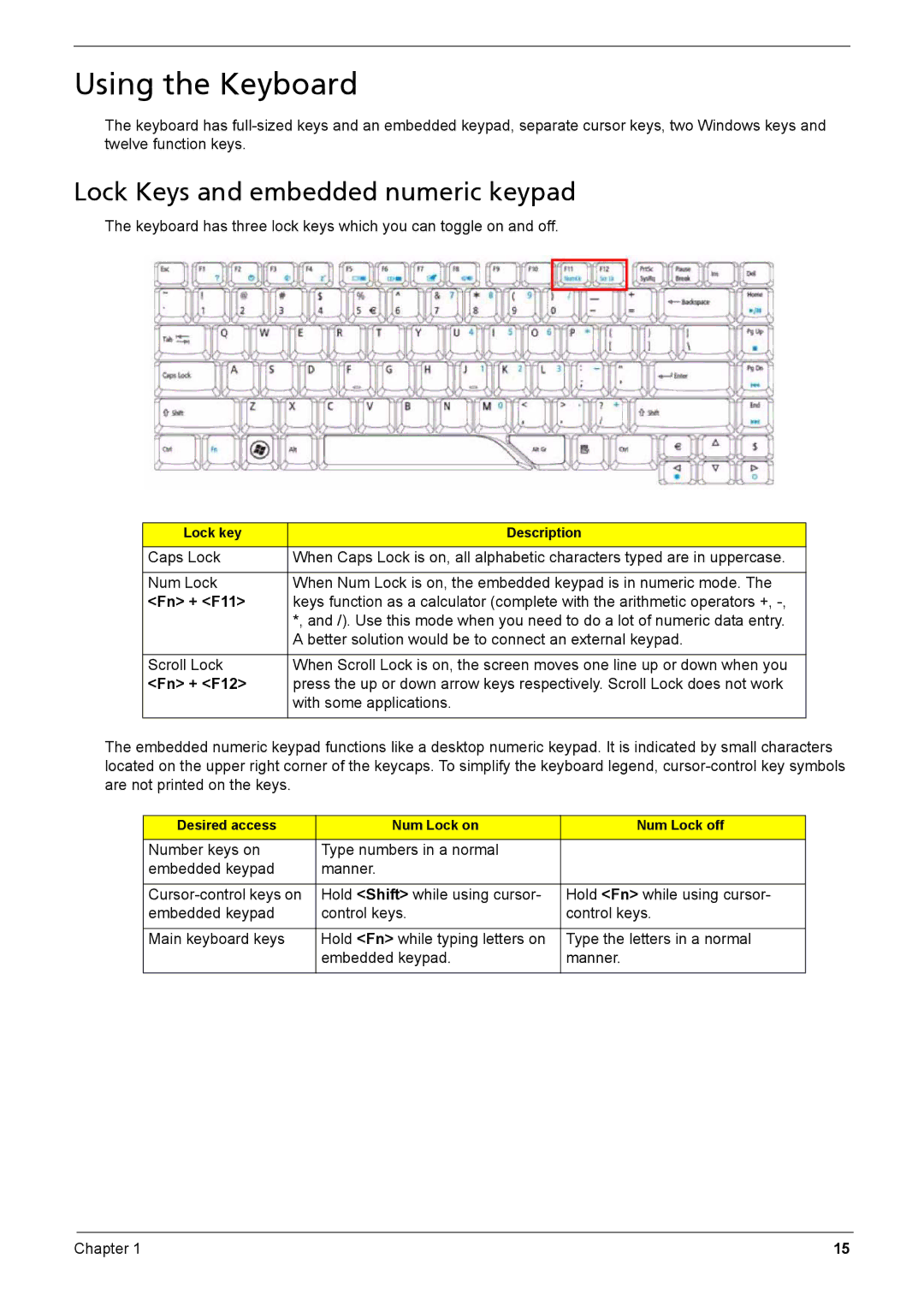 Acer Aspire 6935G manual Using the Keyboard, Lock Keys and embedded numeric keypad 