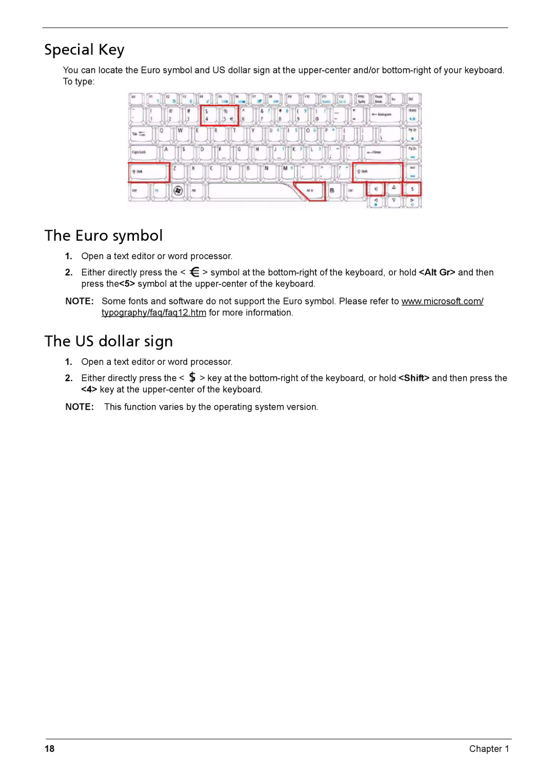 Acer Aspire 6935G manual Special Key, Euro symbol, US dollar sign 