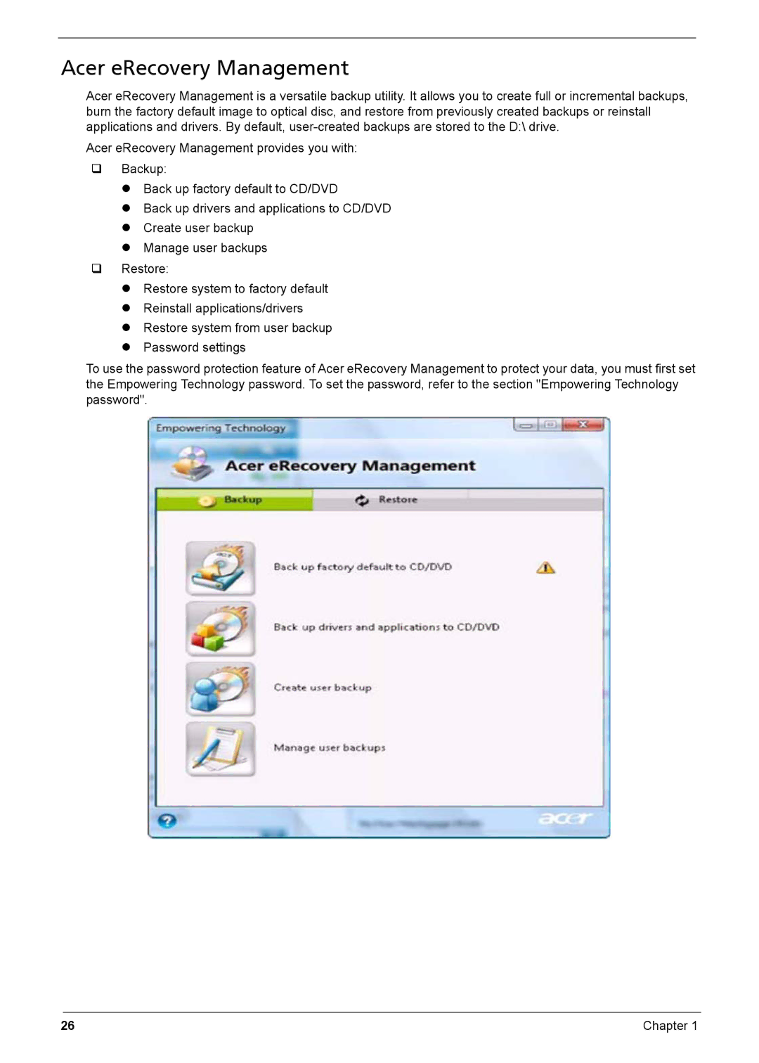 Acer Aspire 6935G manual Acer eRecovery Management 