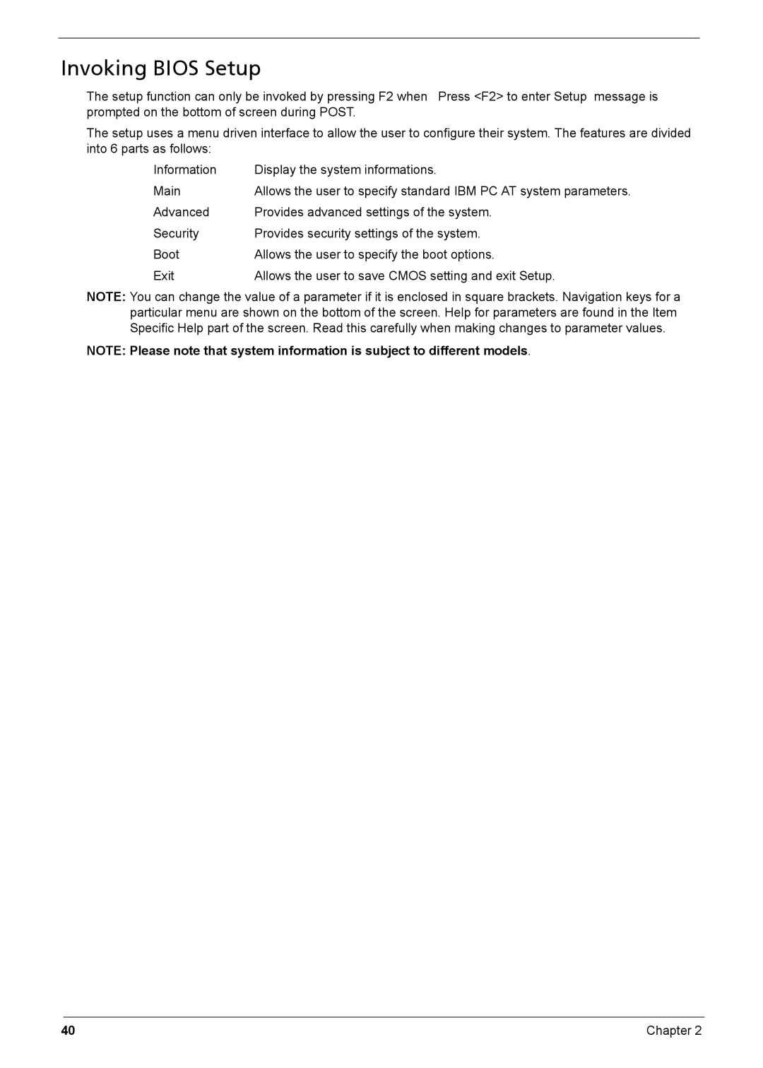 Acer Aspire 6935G manual Invoking Bios Setup 