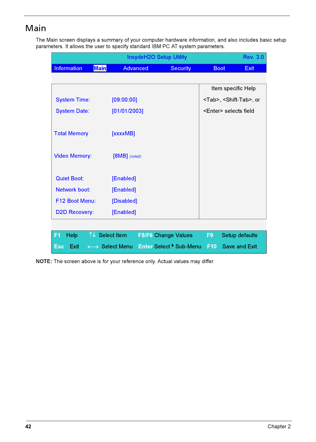 Acer Aspire 6935G manual Main, Advanced Security Boot Exit 