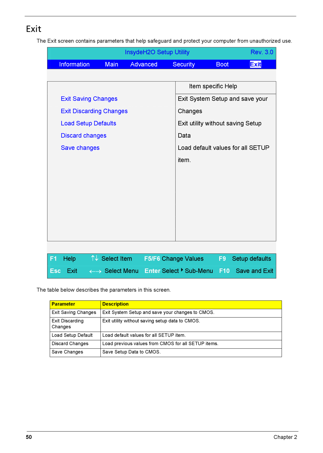 Acer Aspire 6935G manual Exit, Information Main Advanced Security Boot 