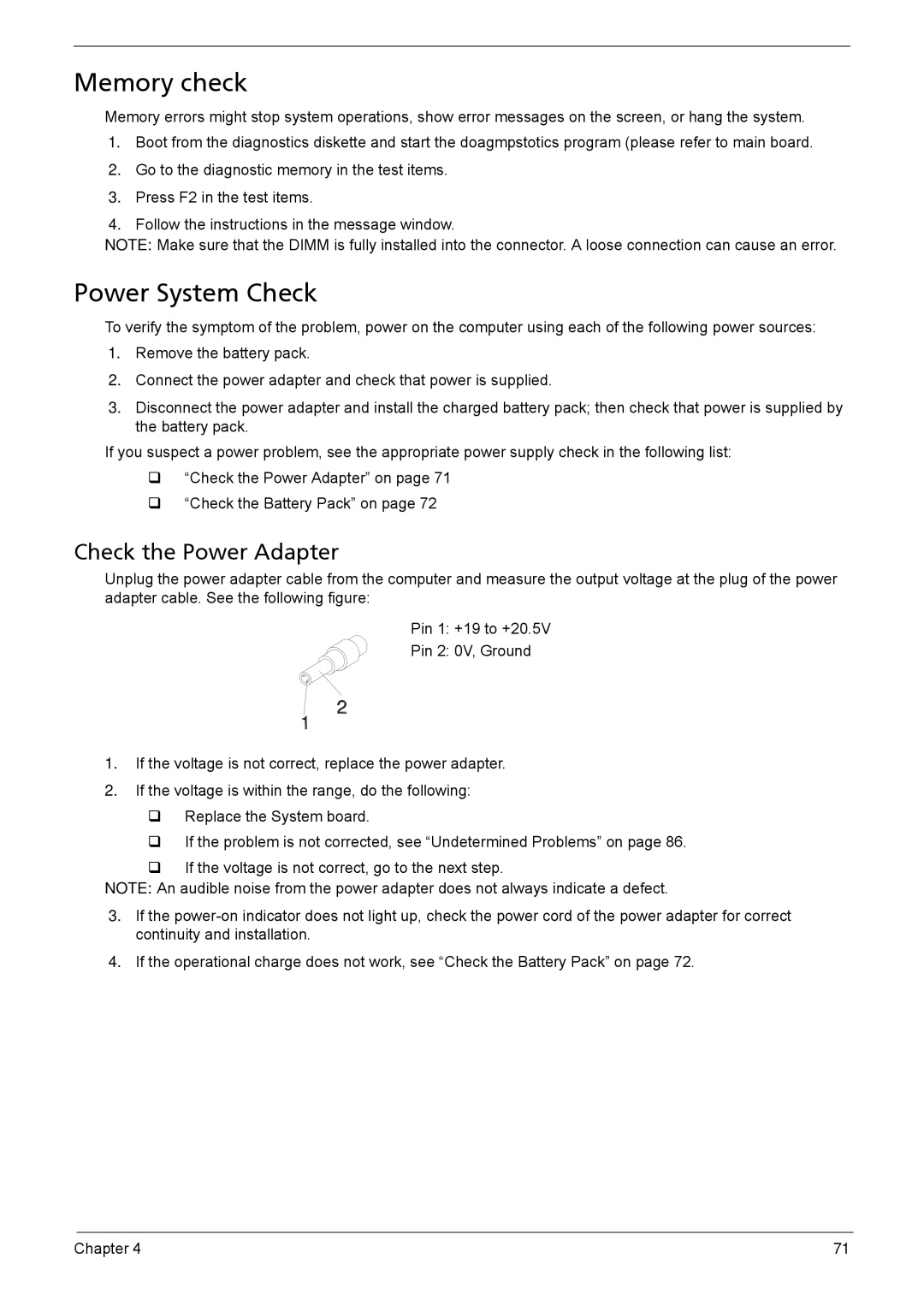 Acer Aspire 6935G manual Memory check, Power System Check, Check the Power Adapter 