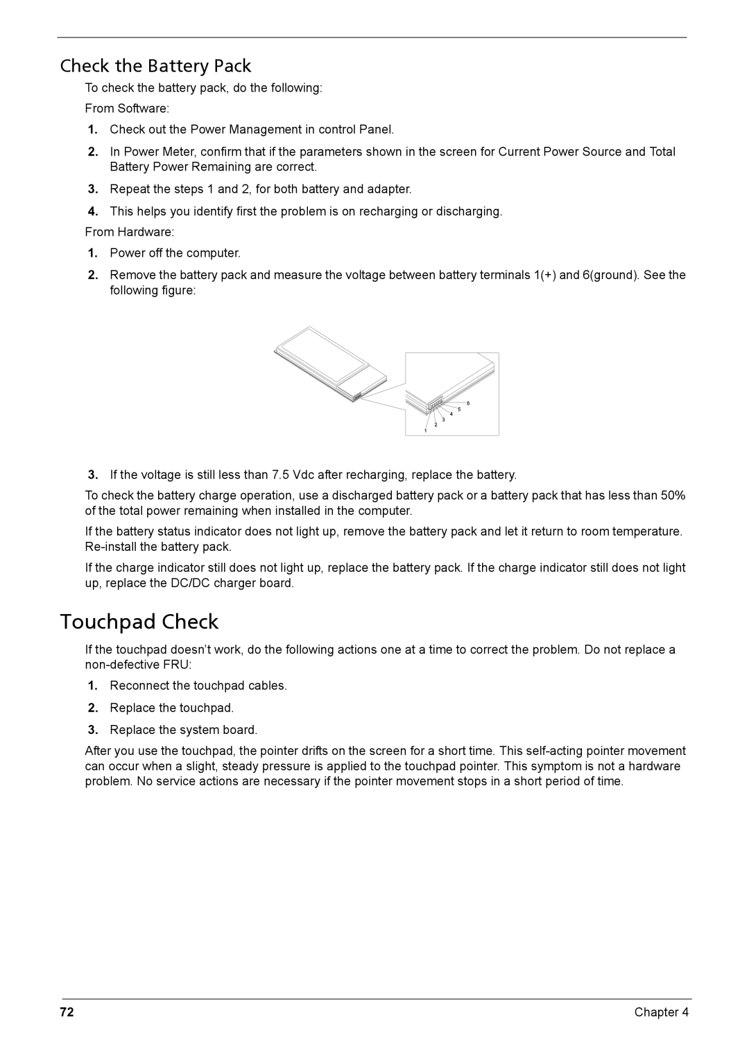 Acer Aspire 6935G manual Touchpad Check, Check the Battery Pack 