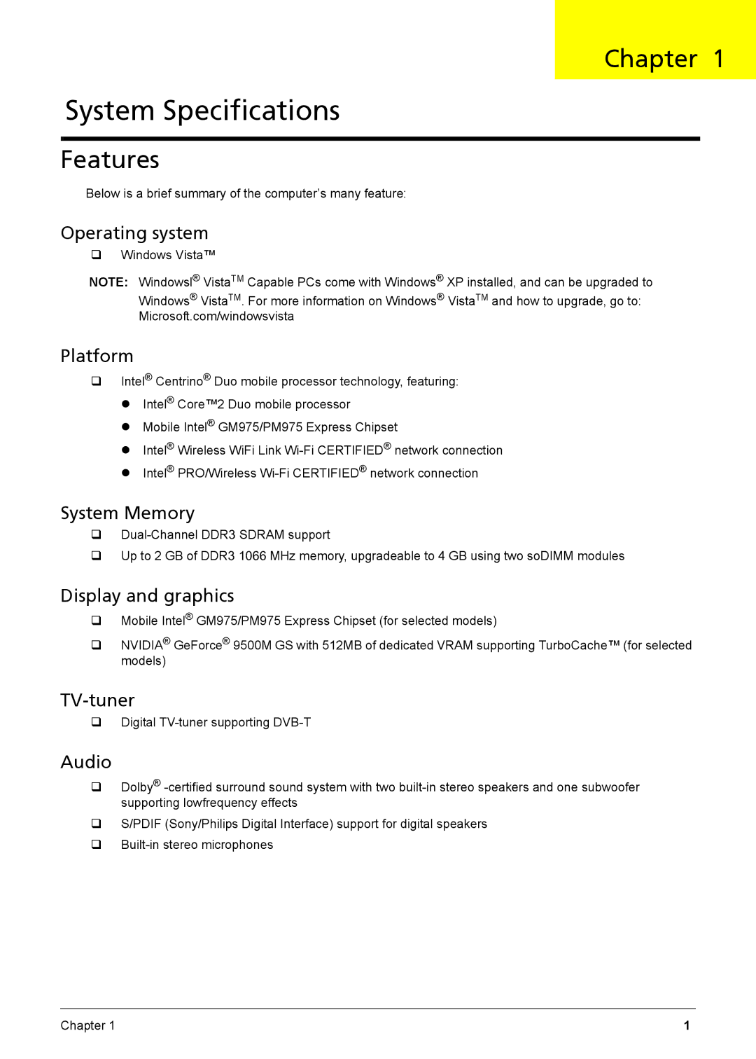 Acer Aspire 6935G manual Chapter, Features 