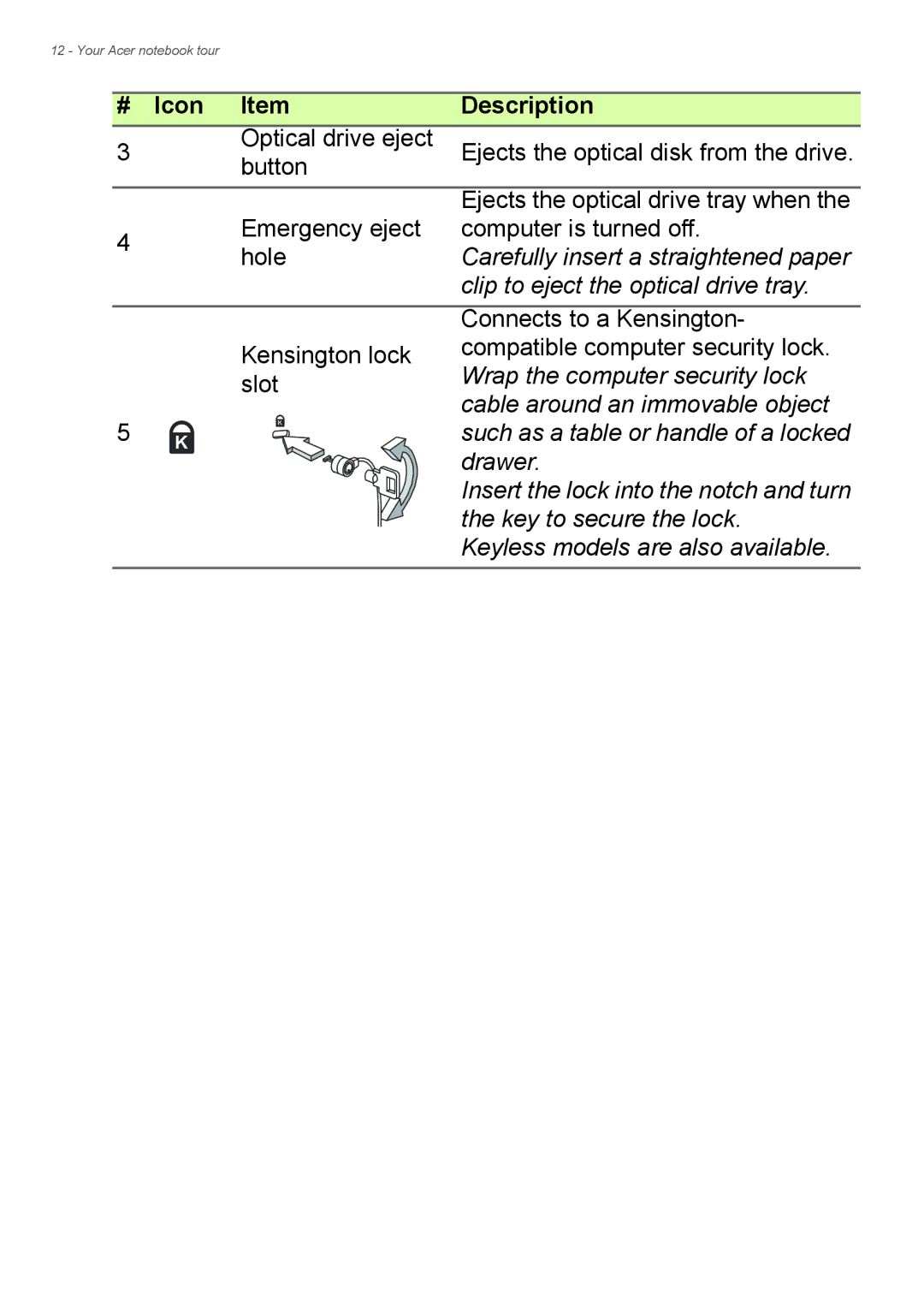 Acer Aspire ES1-711 user manual # Icon Item Description 