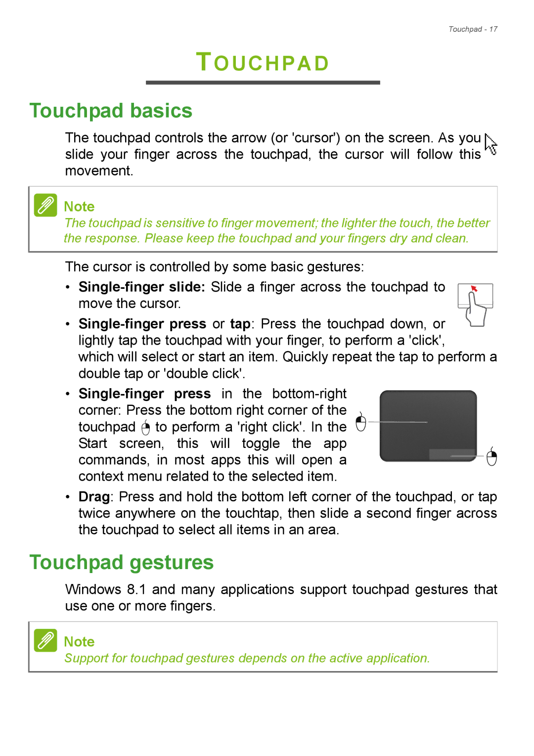 Acer Aspire ES1-711 user manual Touchpad basics, Touchpad gestures 