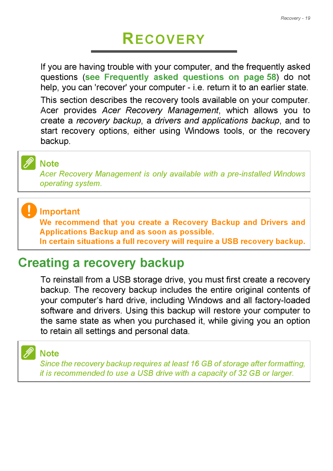 Acer Aspire ES1-711 user manual Recovery, Creating a recovery backup 