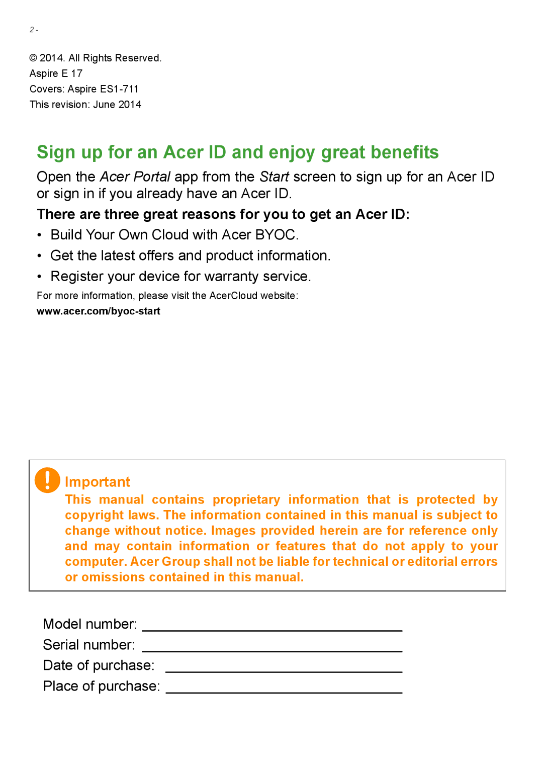 Acer Aspire ES1-711 user manual Sign up for an Acer ID and enjoy great benefits 