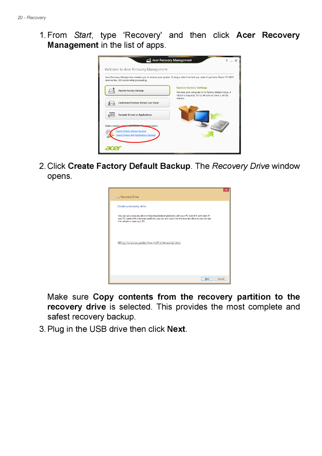 Acer Aspire ES1-711 user manual Recovery 