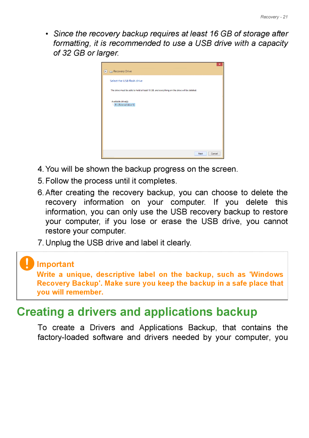 Acer Aspire ES1-711 user manual Creating a drivers and applications backup 