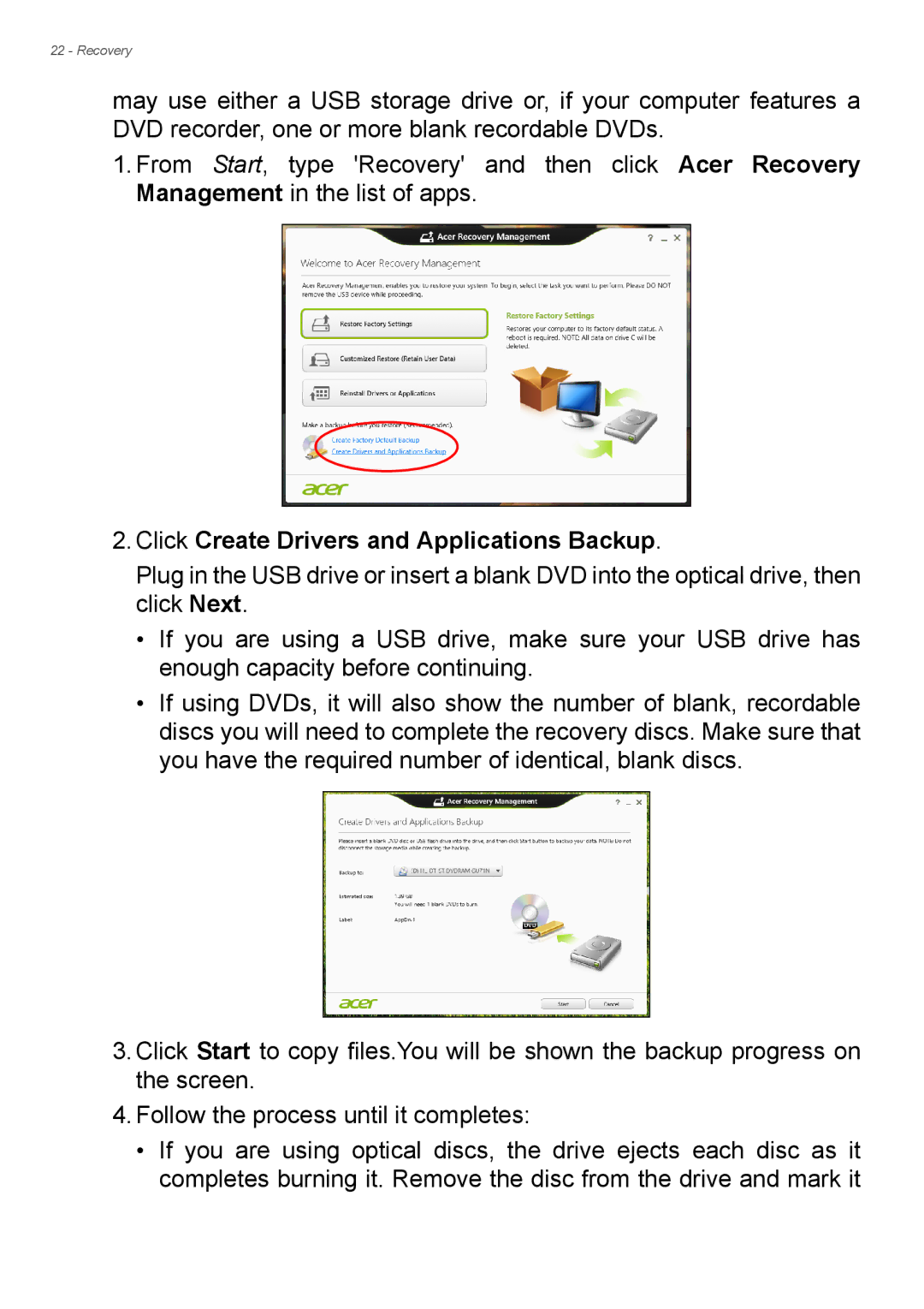 Acer Aspire ES1-711 user manual Click Create Drivers and Applications Backup 