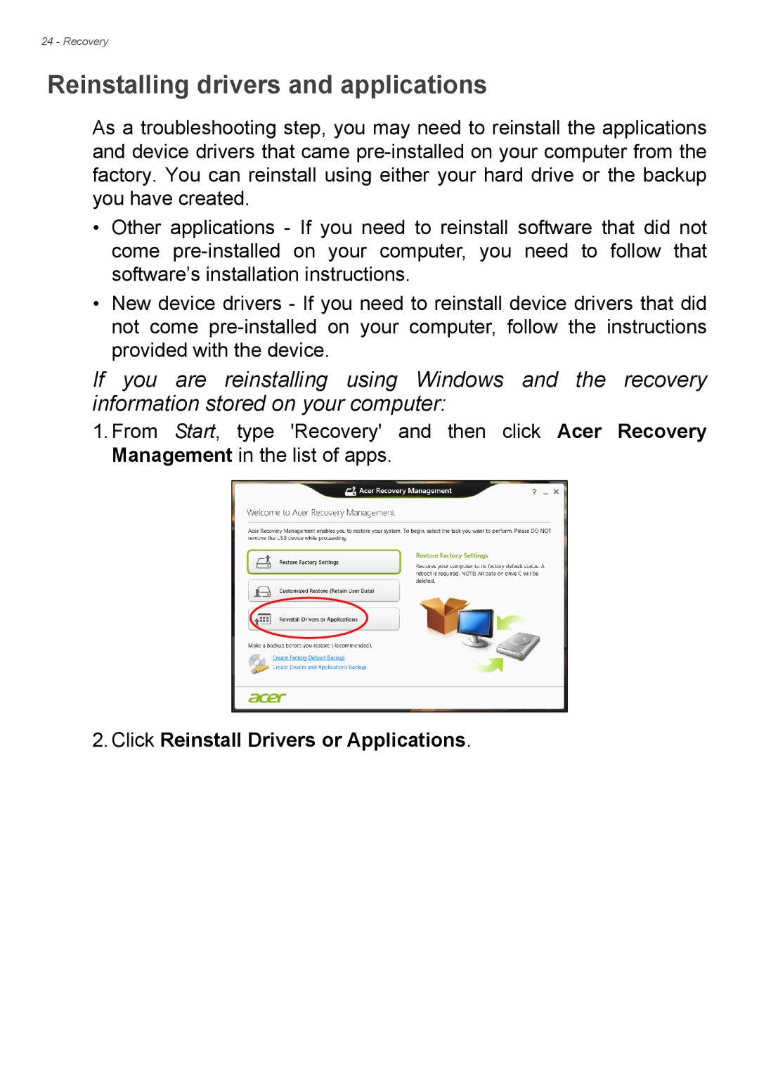 Acer Aspire ES1-711 user manual Reinstalling drivers and applications, Click Reinstall Drivers or Applications 