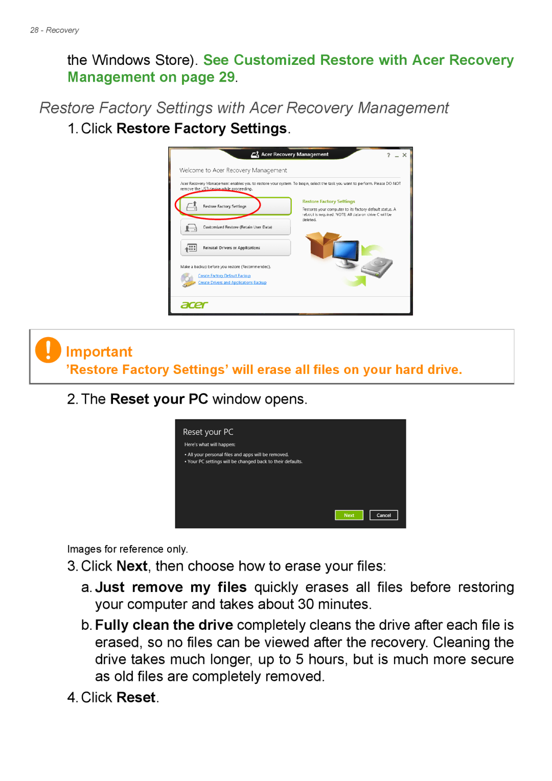 Acer Aspire ES1-711 user manual Restore Factory Settings with Acer Recovery Management, Click Restore Factory Settings 