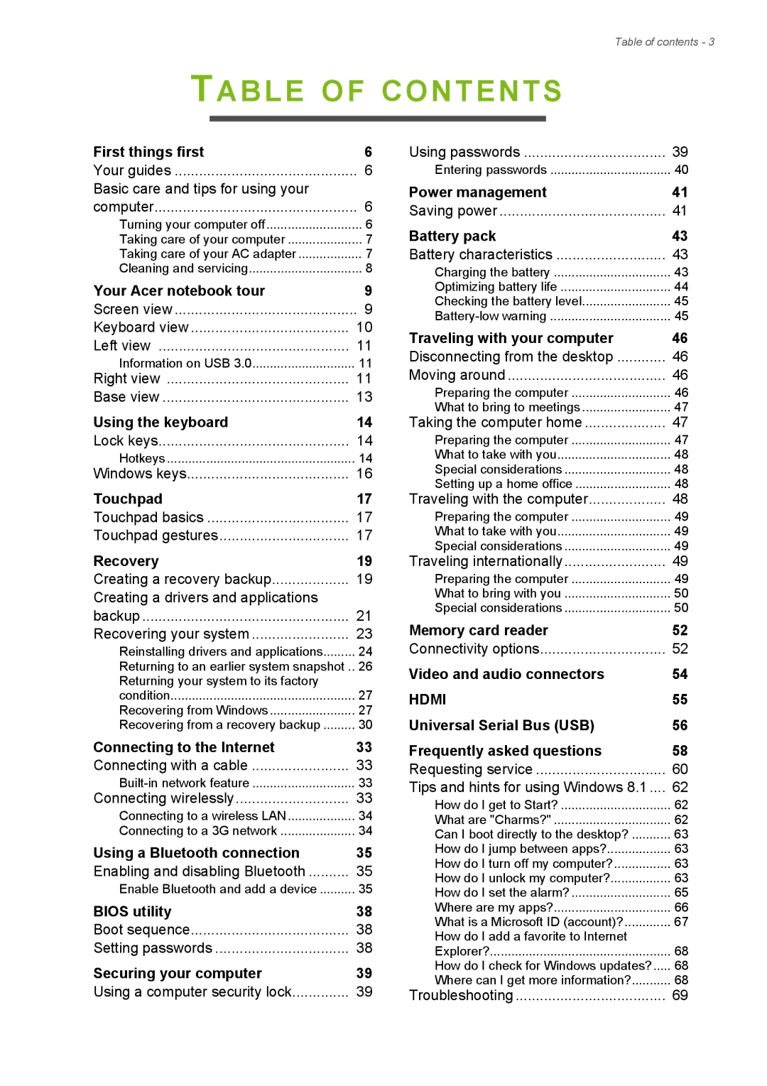 Acer Aspire ES1-711 user manual Table of Contents 