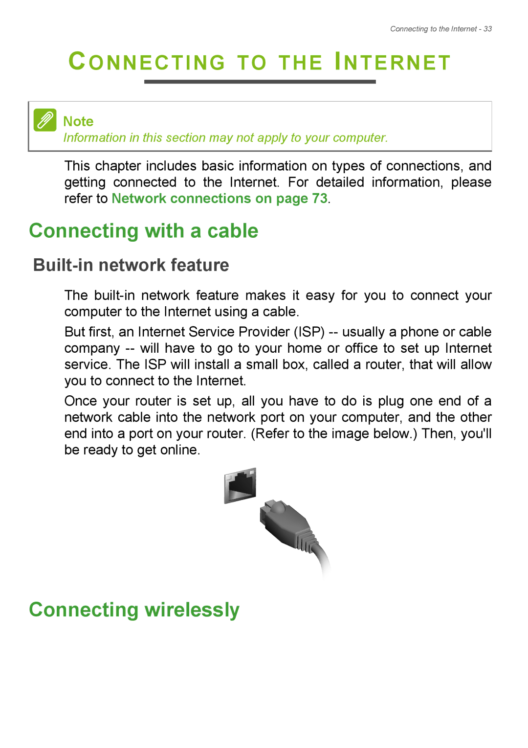 Acer Aspire ES1-711 Connecting to the Internet, Connecting with a cable, Connecting wirelessly, Built-in network feature 