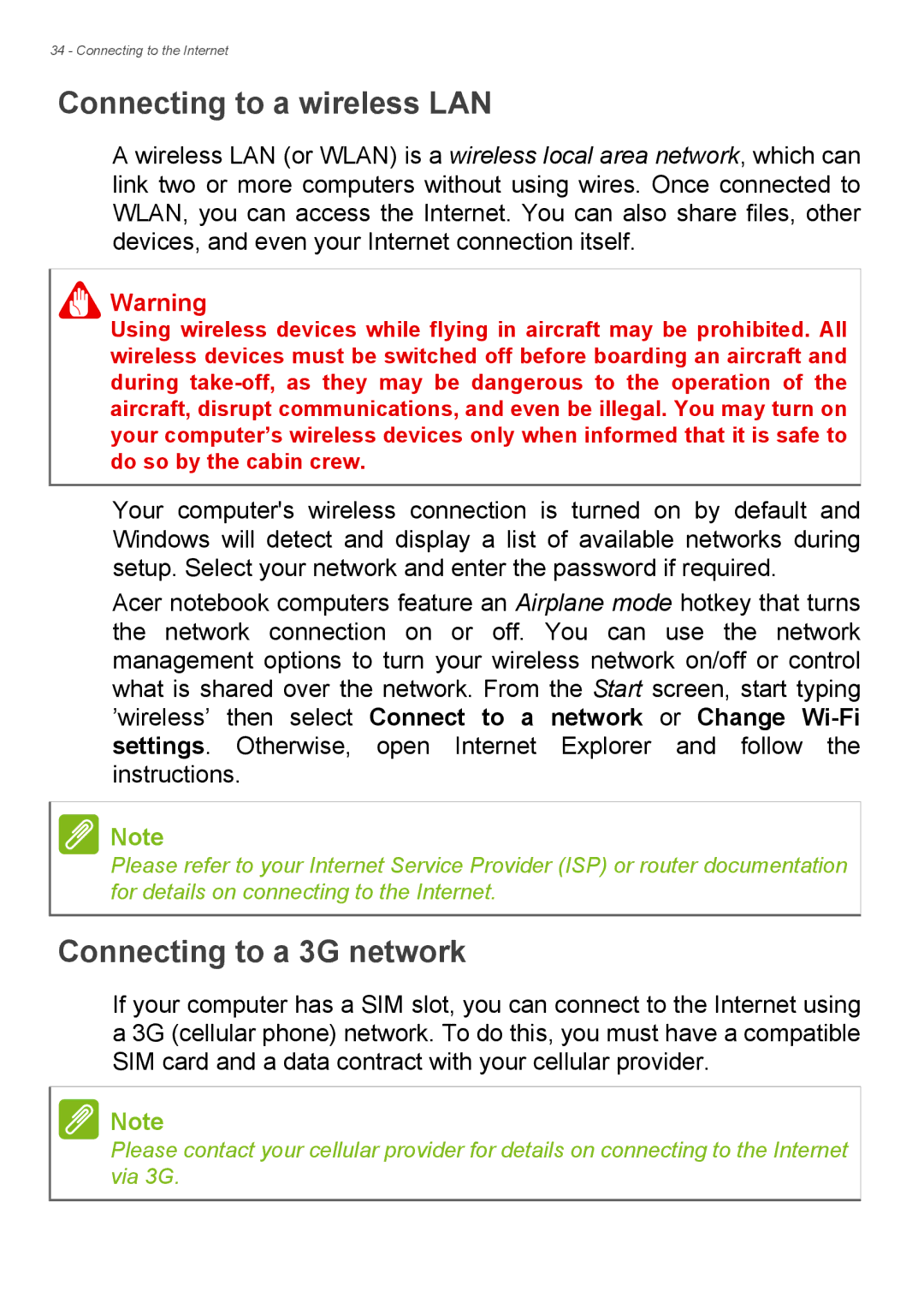 Acer Aspire ES1-711 user manual Connecting to a wireless LAN, Connecting to a 3G network 